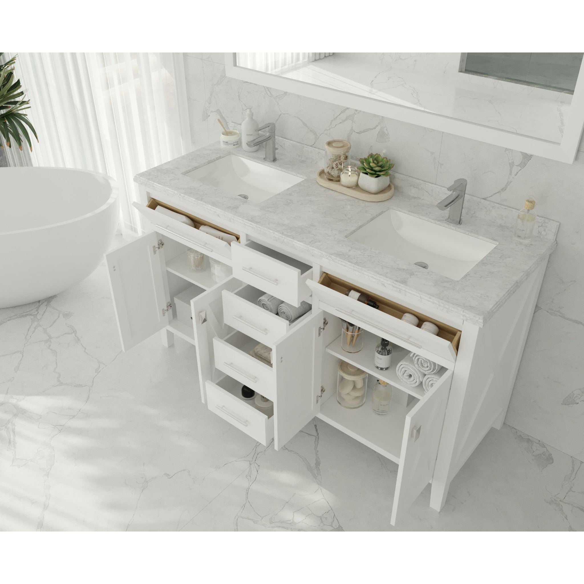 Wimbledon 60" White Double Sink Bathroom Vanity with White Carrara Marble Countertop