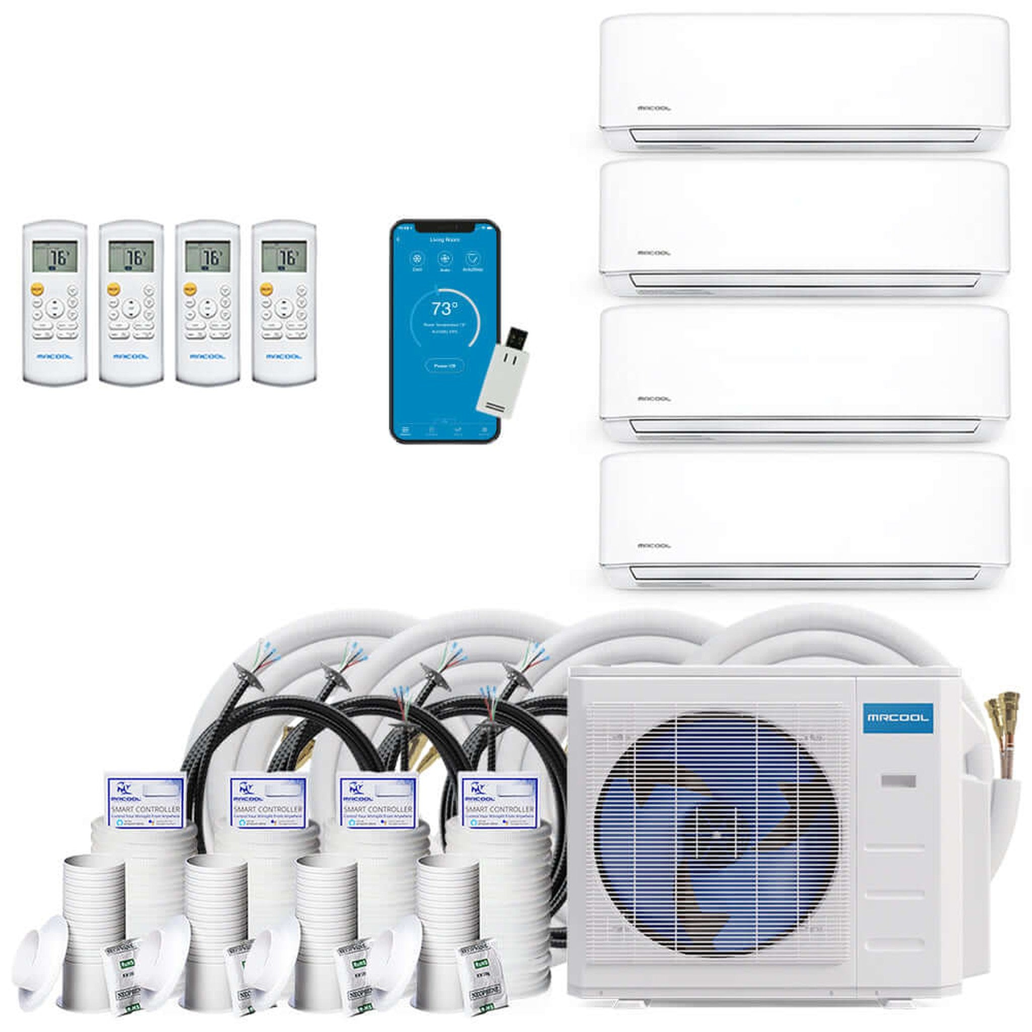 MRCOOL DIY 4th Gen 48K BTU 4-Zone Condenser with 9K+12K+12K+12K handlers and  2 x 16ft, 2 x 25ft, and 1 x 50ft linesets and DIYCOUPLER-1412K75C Bundle