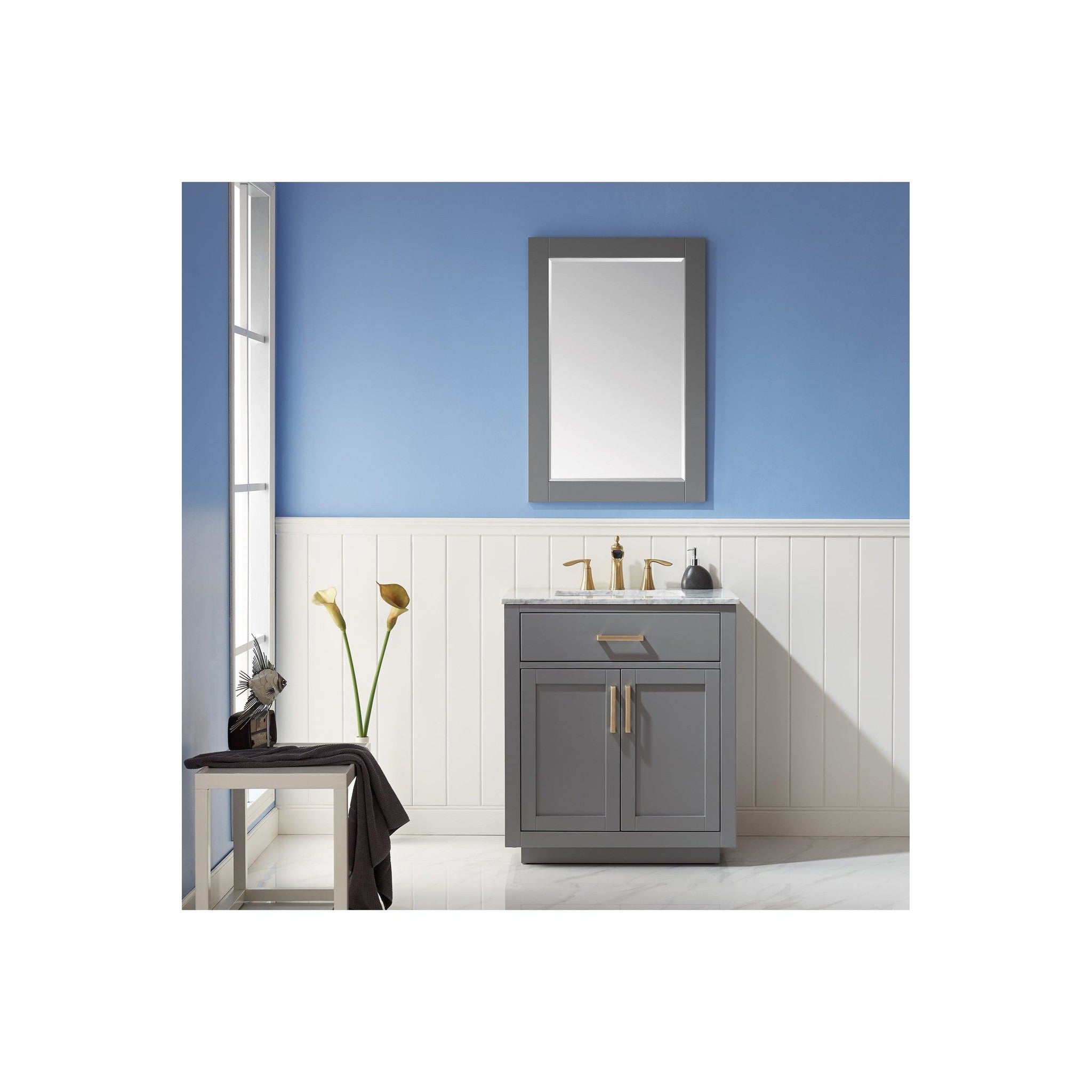 Ivy 30" Single Bathroom Vanity Set in Gray and Carrara White Marble Countertop with Mirror