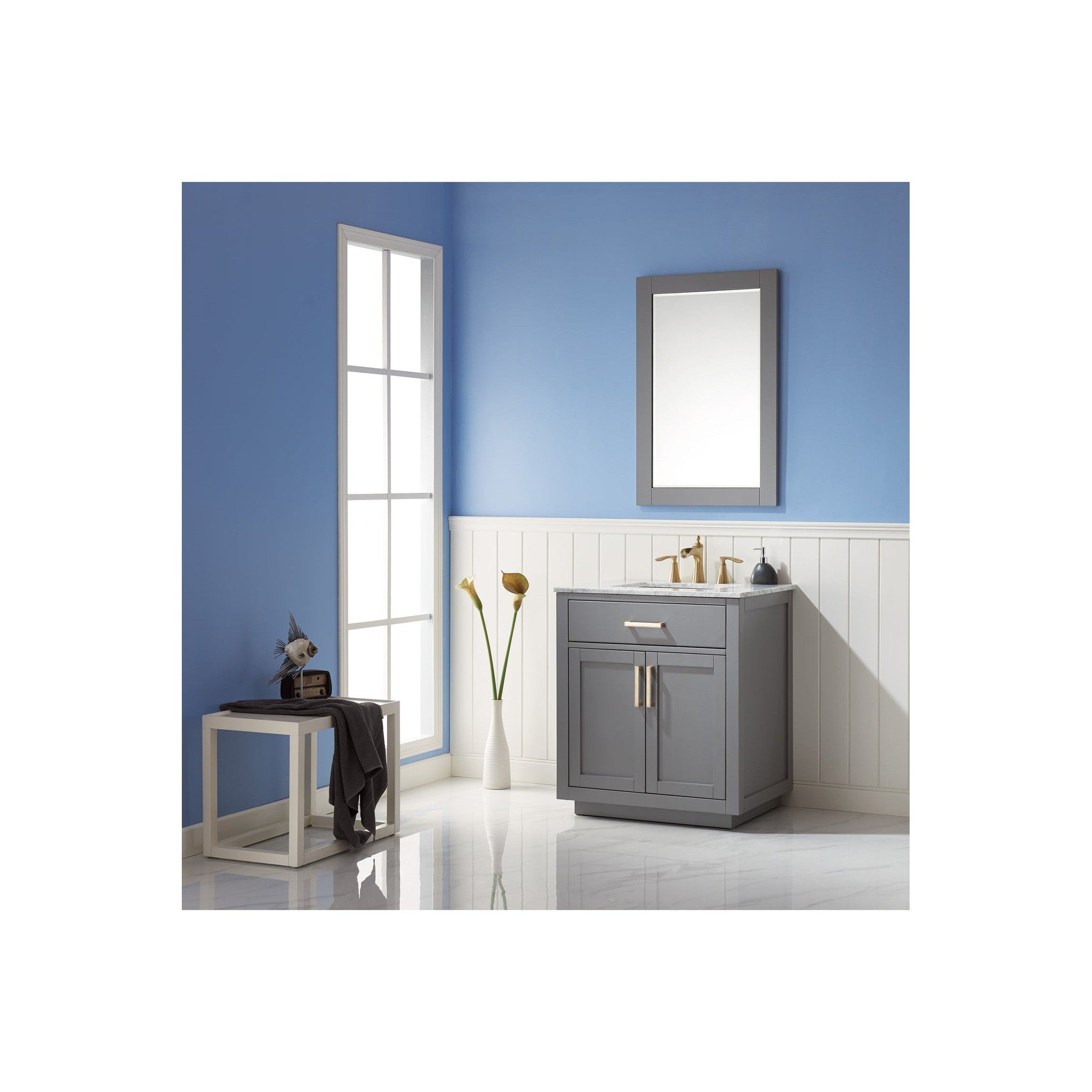 Ivy 30" Single Bathroom Vanity Set in Gray and Carrara White Marble Countertop with Mirror