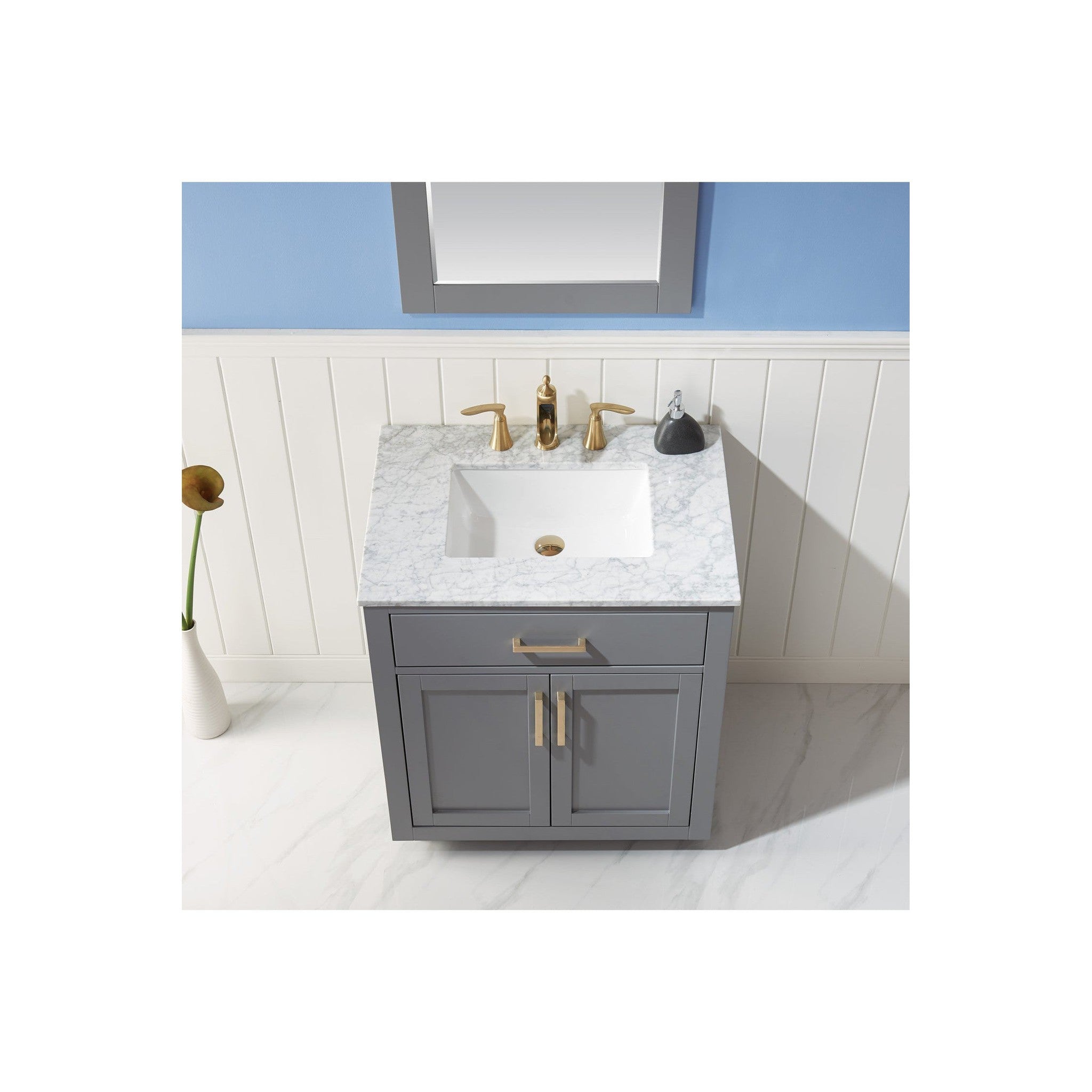 Ivy 30" Single Bathroom Vanity Set in Gray and Carrara White Marble Countertop with Mirror