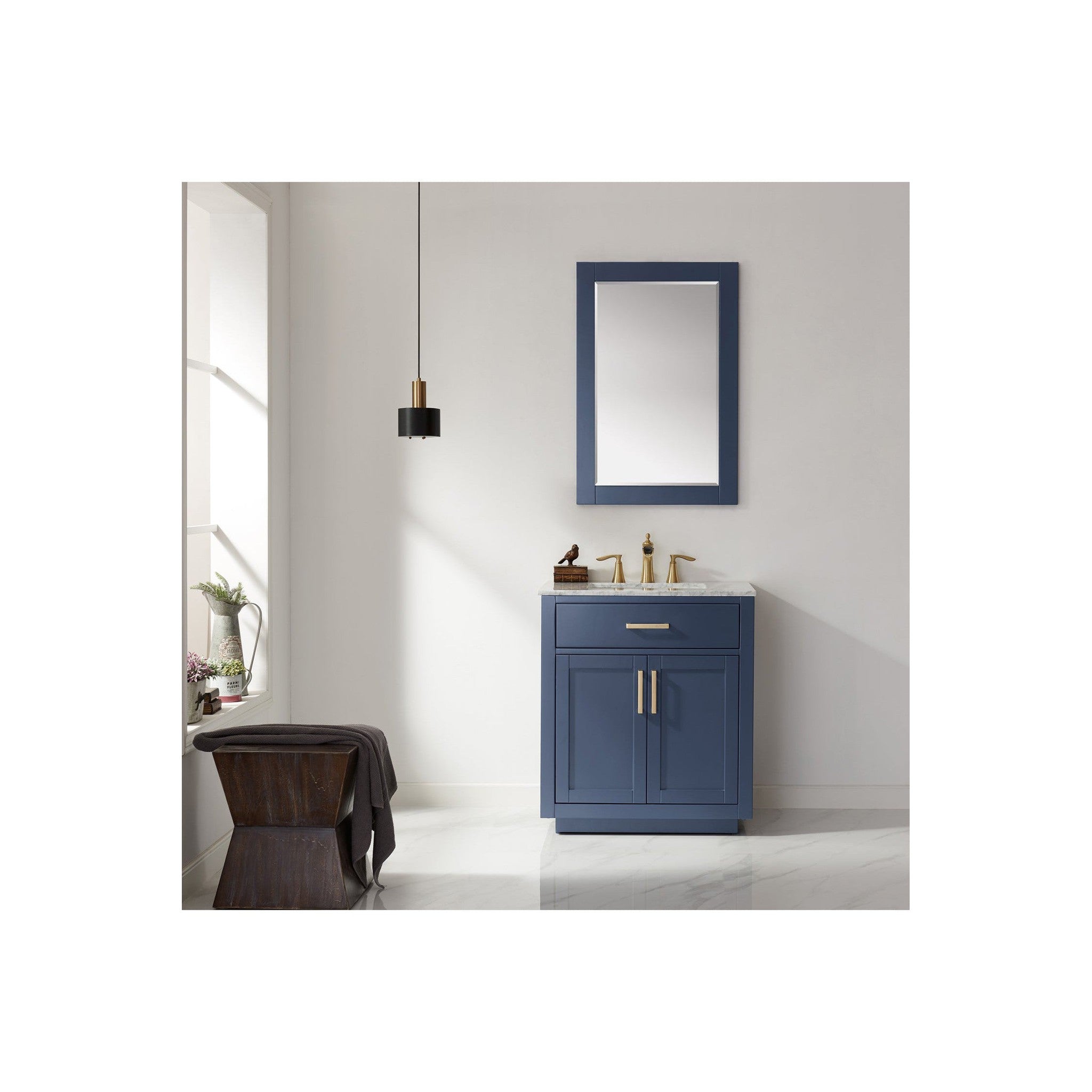 Ivy 30" Single Bathroom Vanity Set in Royal Blue and Carrara White Marble Countertop with Mirror