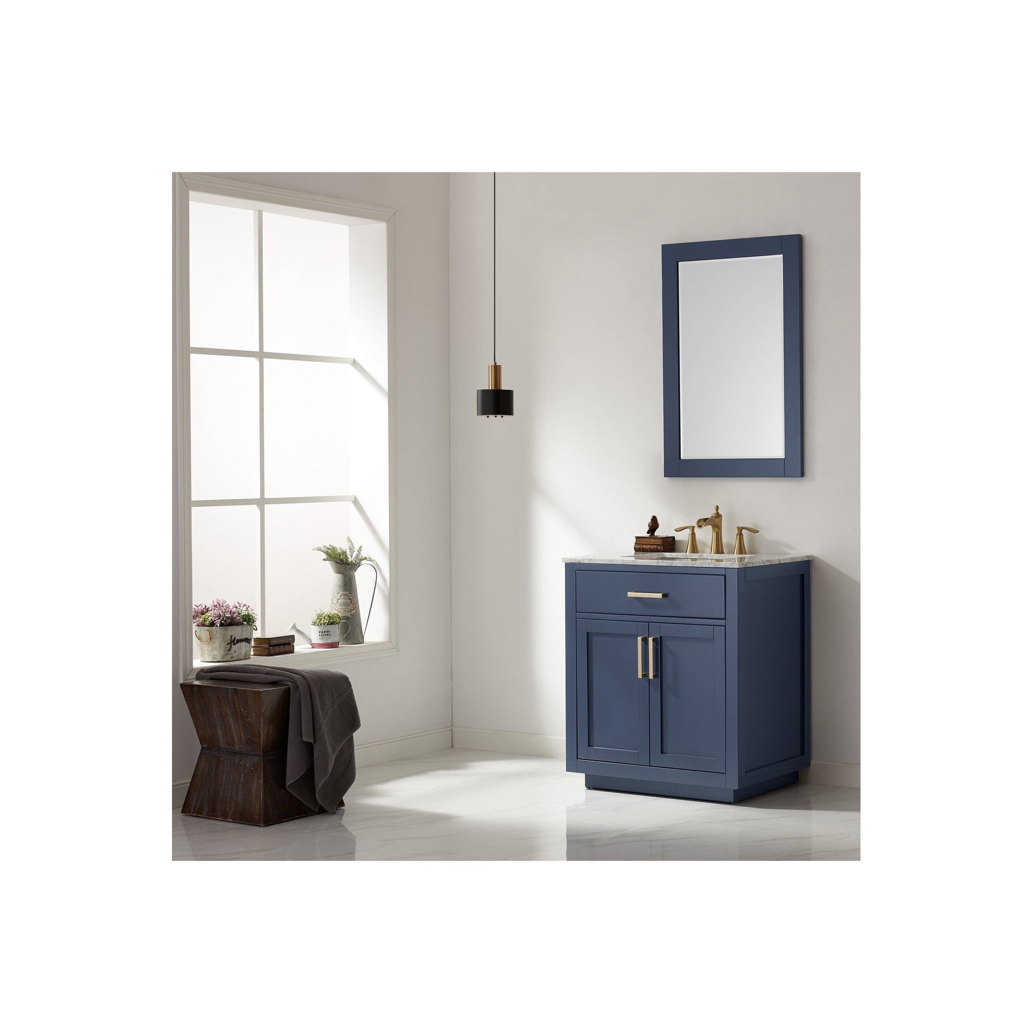 Ivy 30" Single Bathroom Vanity Set in Royal Blue and Carrara White Marble Countertop with Mirror