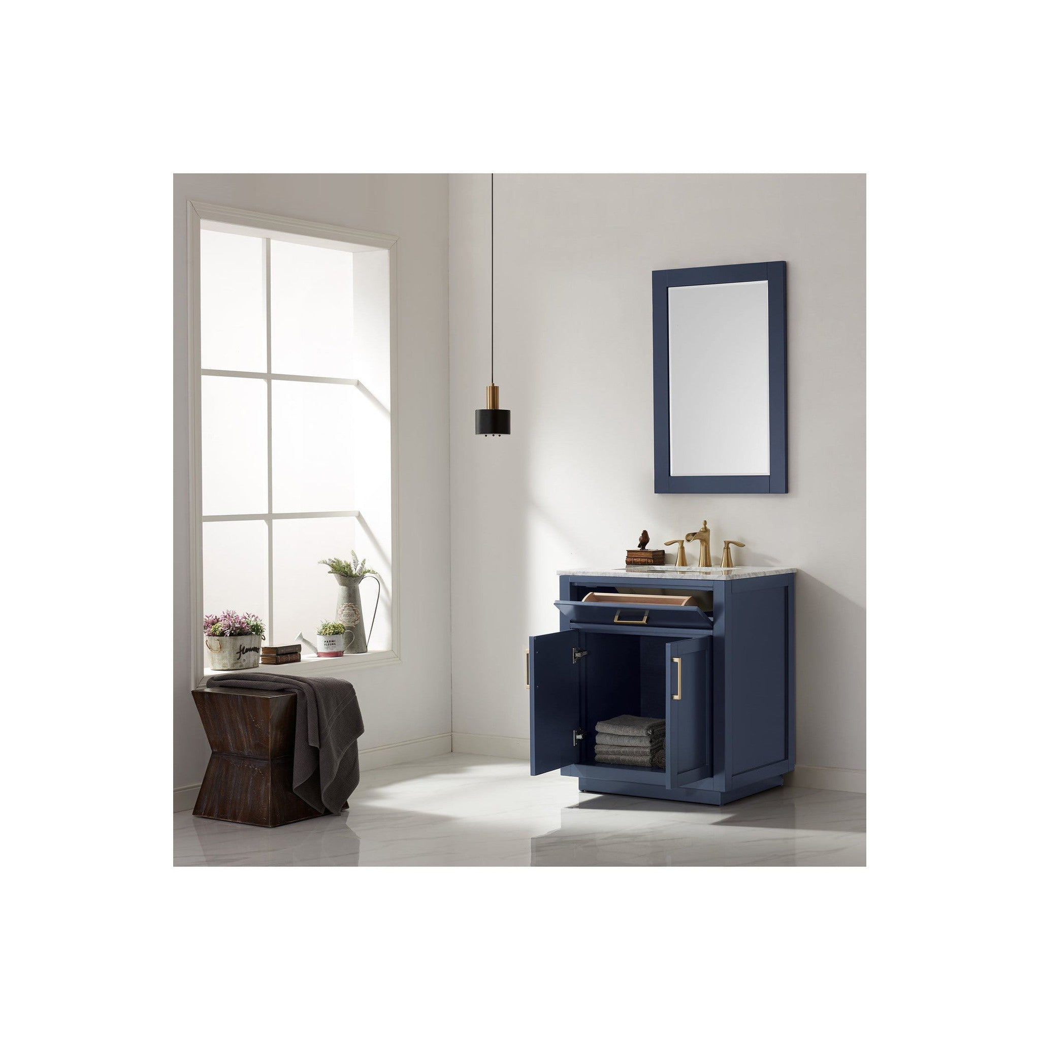 Ivy 30" Single Bathroom Vanity Set in Royal Blue and Carrara White Marble Countertop with Mirror