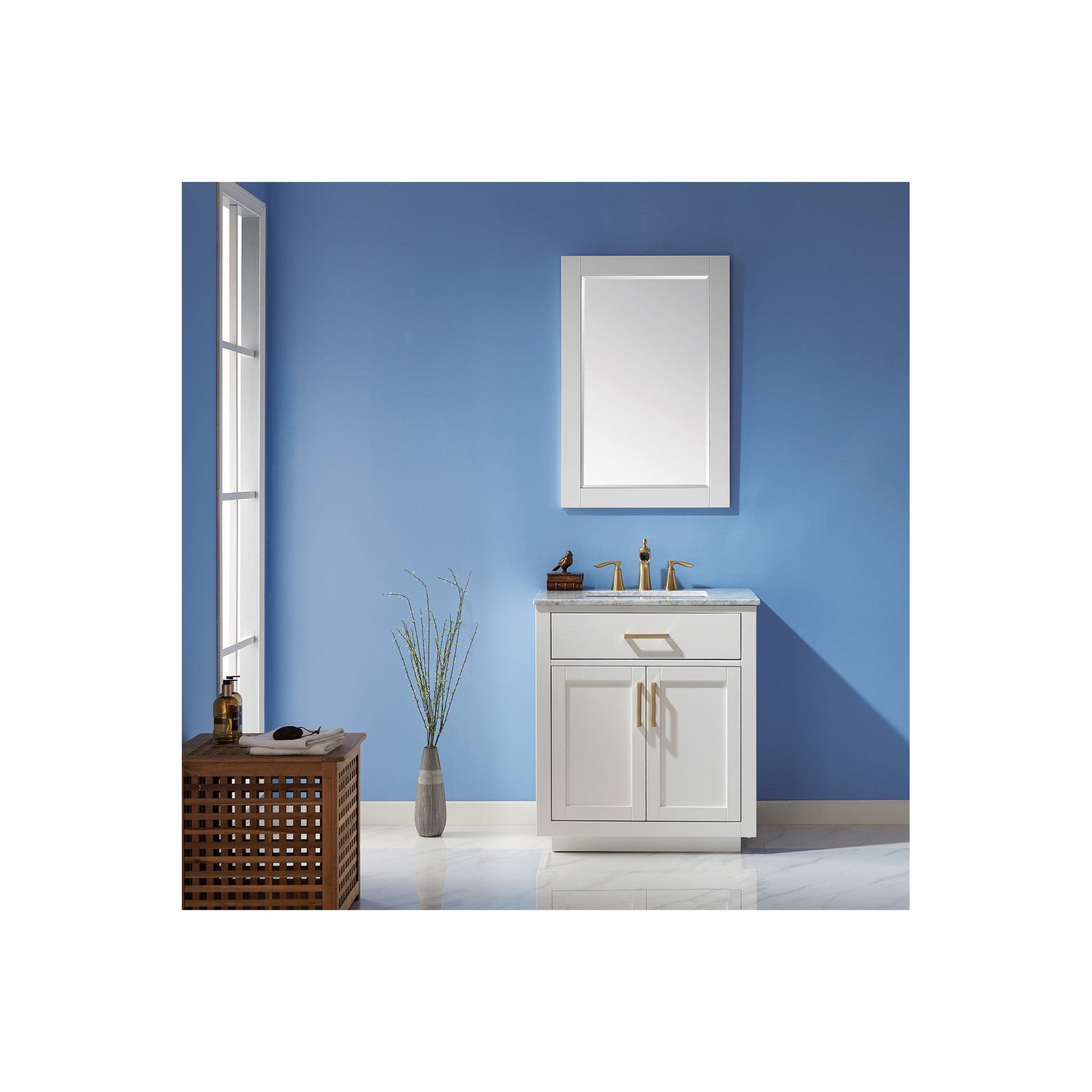 Ivy 30" Single Bathroom Vanity Set in White and Carrara White Marble Countertop with Mirror