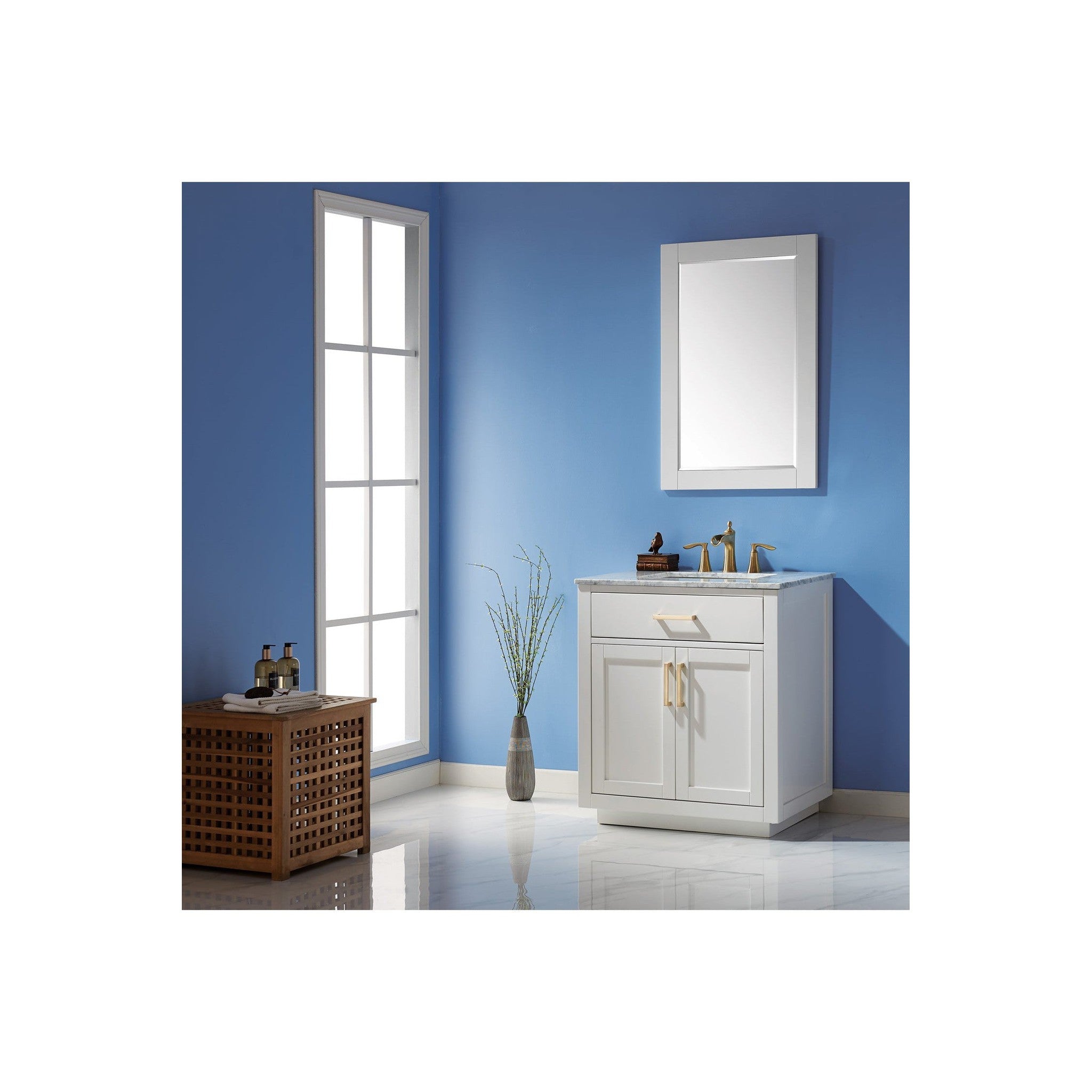 Ivy 30" Single Bathroom Vanity Set in White and Carrara White Marble Countertop with Mirror