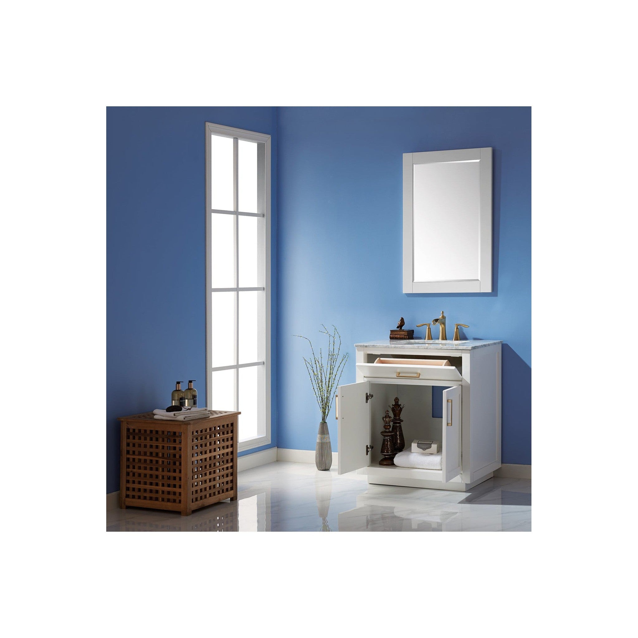 Ivy 30" Single Bathroom Vanity Set in White and Carrara White Marble Countertop with Mirror