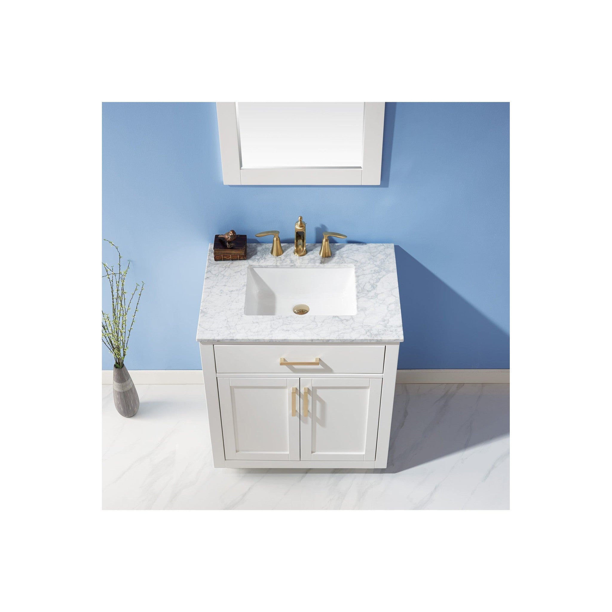 Ivy 30" Single Bathroom Vanity Set in White and Carrara White Marble Countertop with Mirror