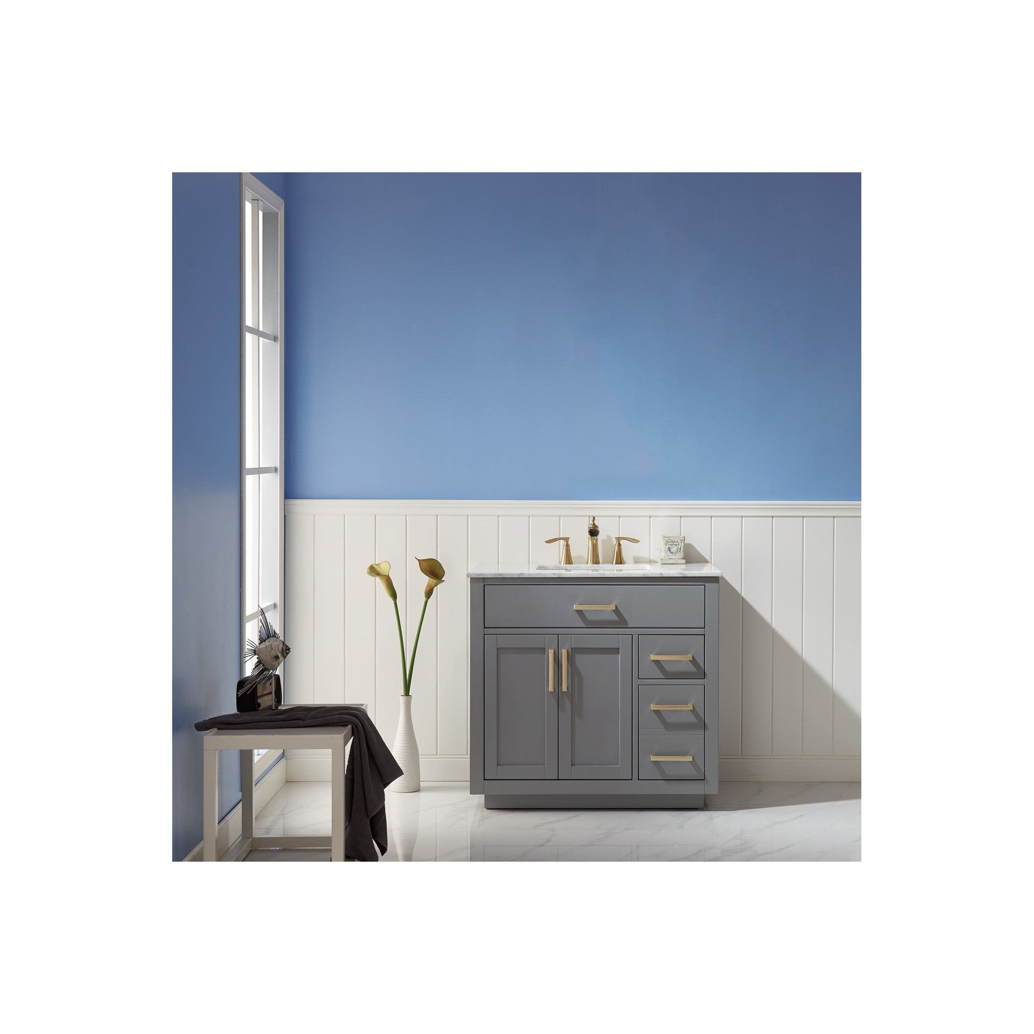 Ivy 36" Single Bathroom Vanity Set in Gray and Carrara White Marble Countertop without Mirror