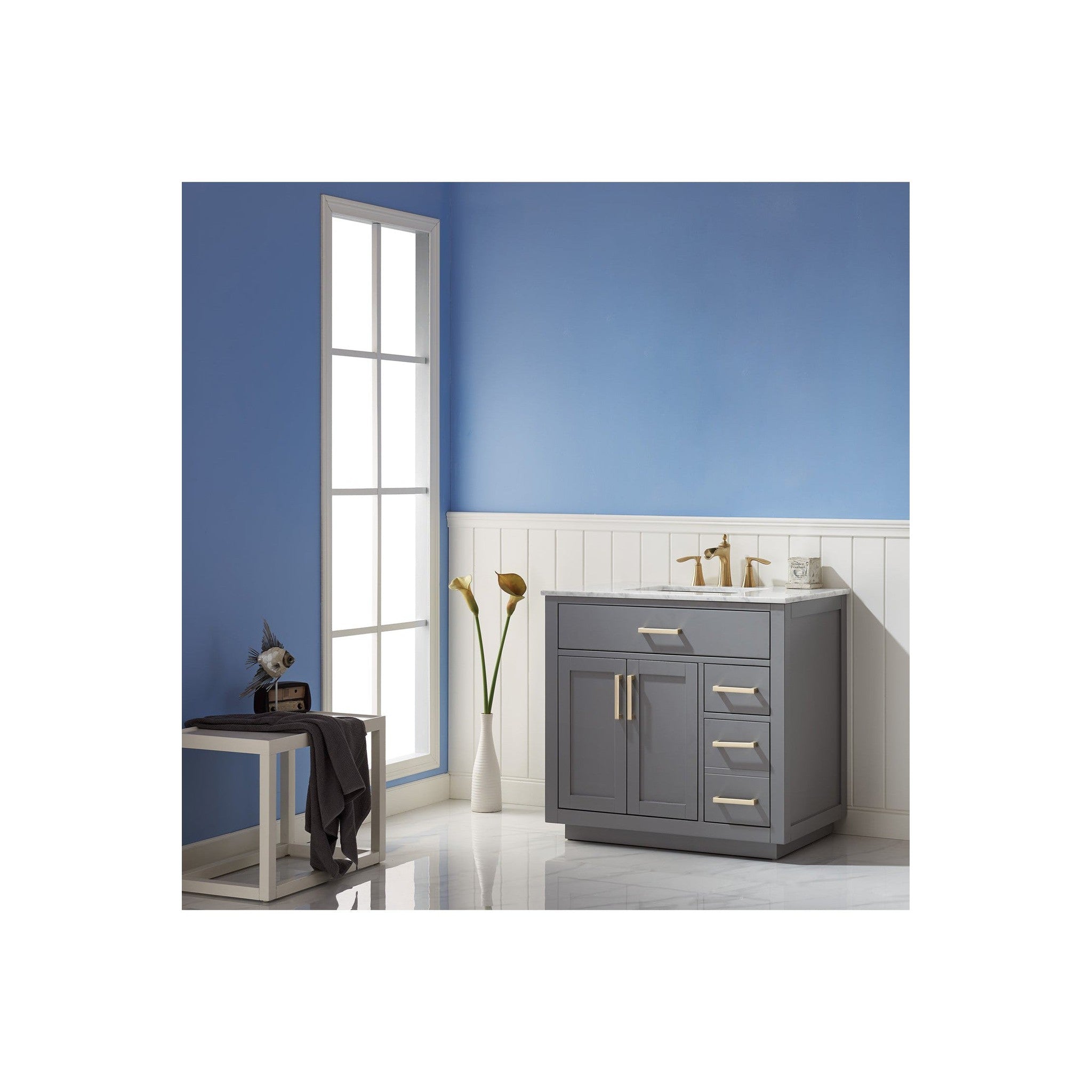 Ivy 36" Single Bathroom Vanity Set in Gray and Carrara White Marble Countertop without Mirror