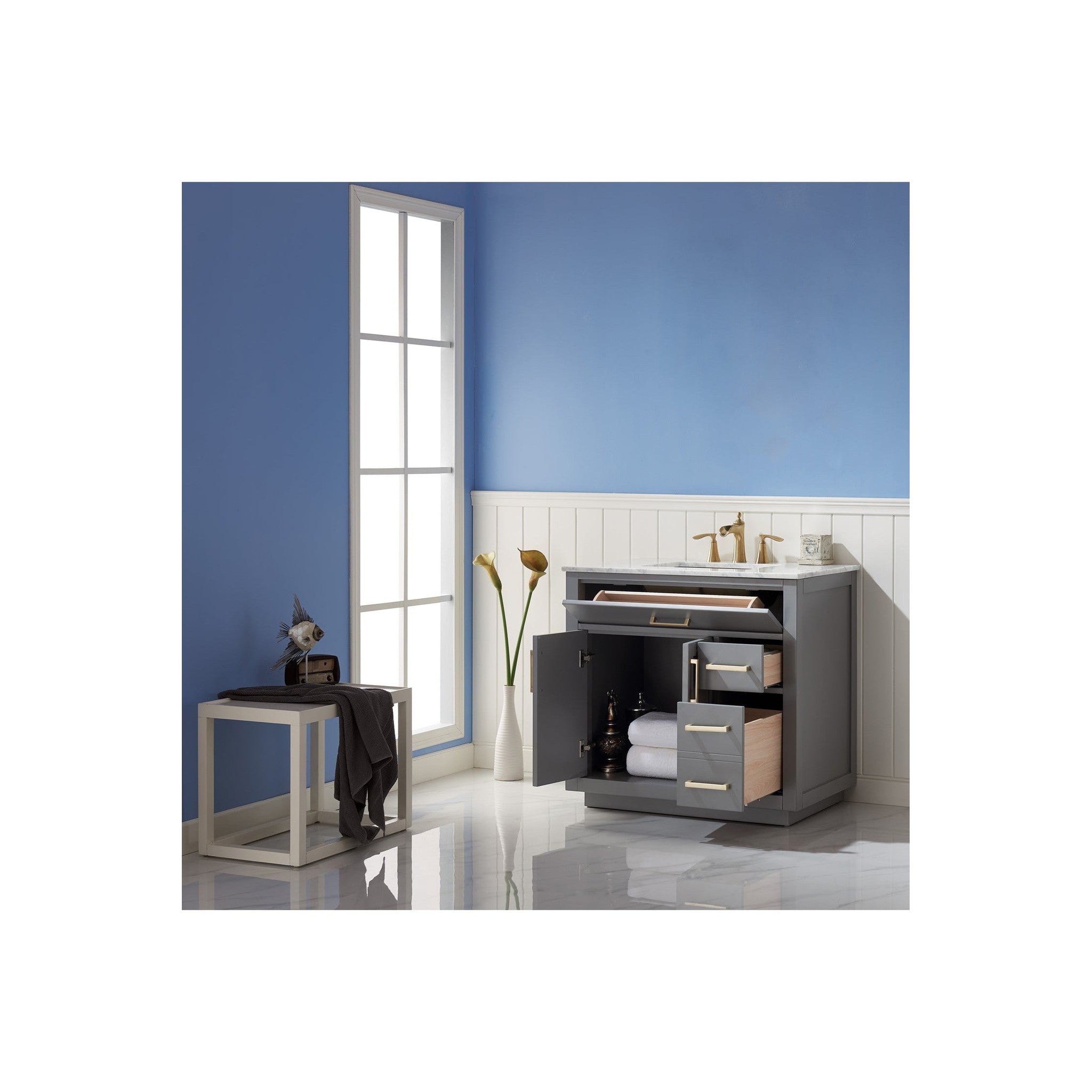 Ivy 36" Single Bathroom Vanity Set in Gray and Carrara White Marble Countertop without Mirror