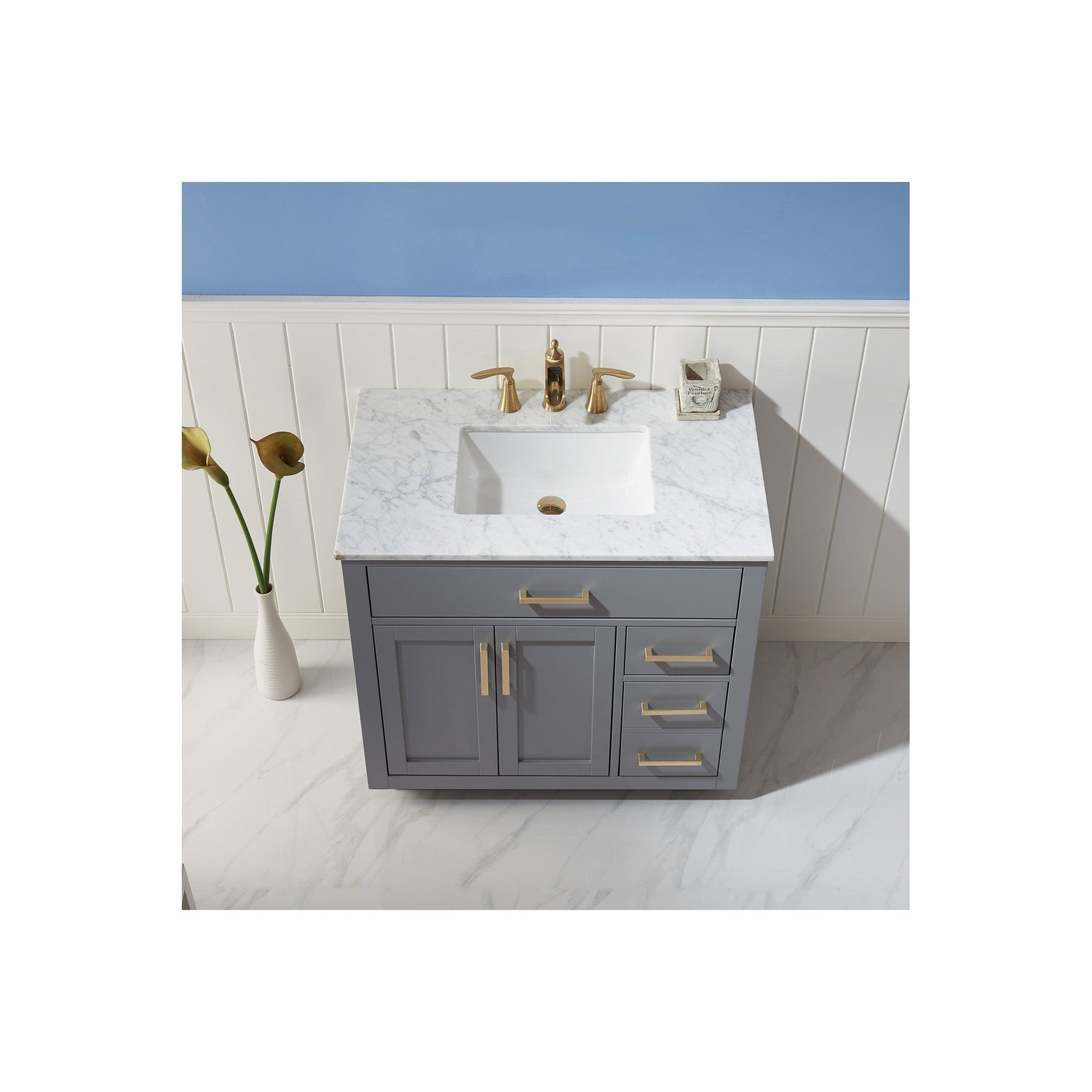 Ivy 36" Single Bathroom Vanity Set in Gray and Carrara White Marble Countertop without Mirror