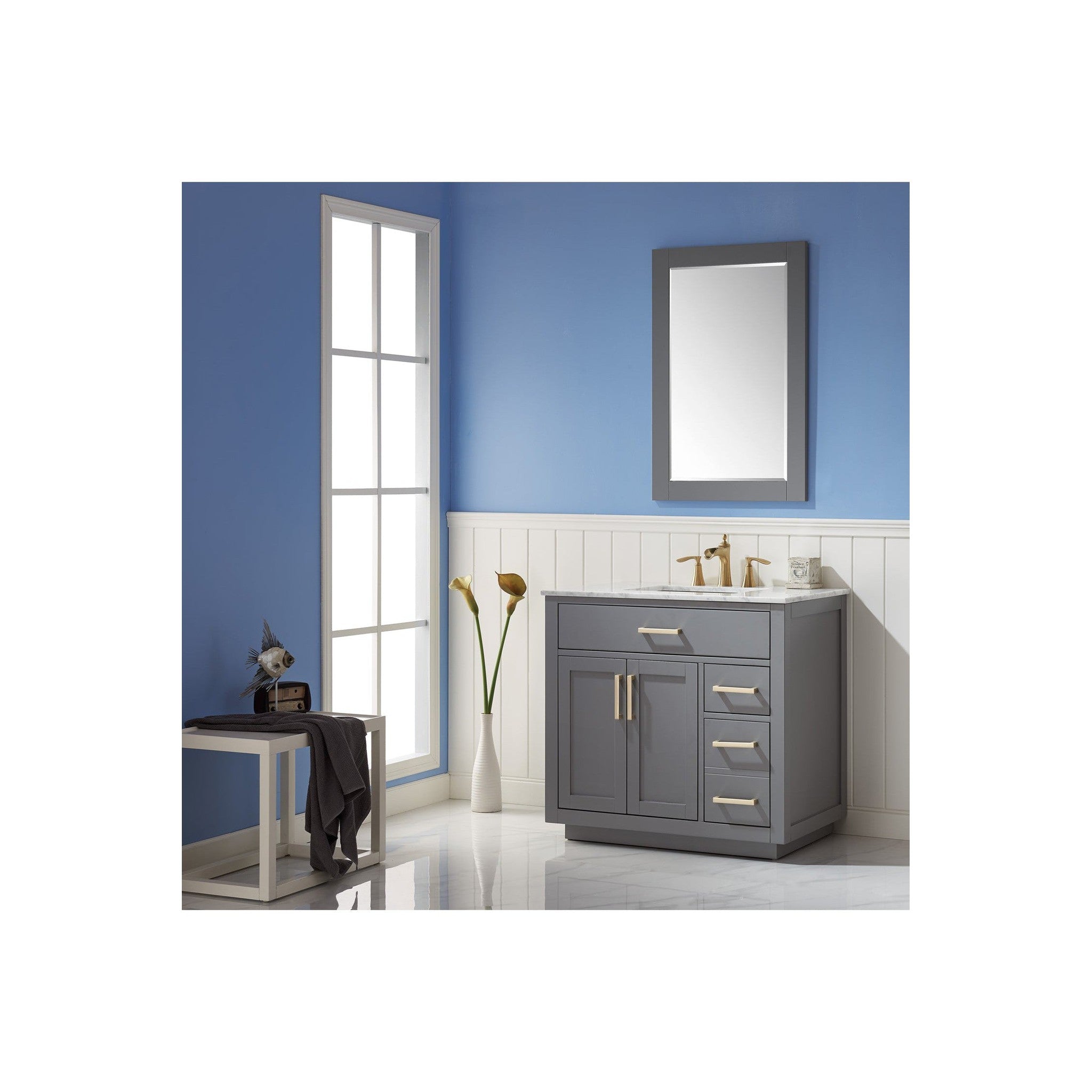 Ivy 36" Single Bathroom Vanity Set in Gray and Carrara White Marble Countertop with Mirror