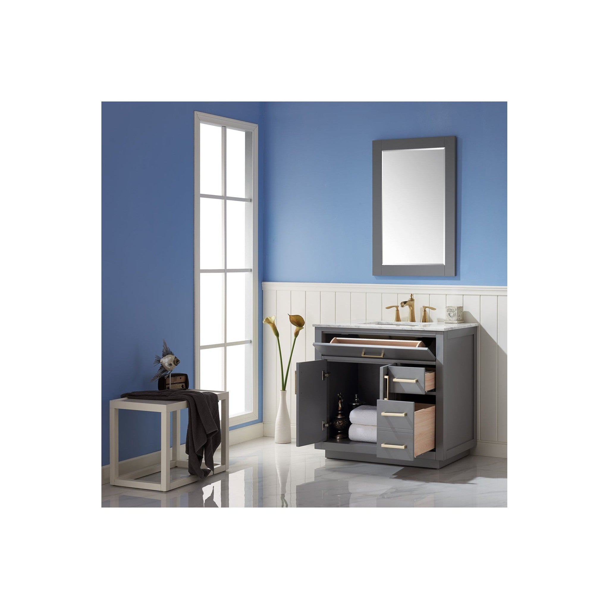 Ivy 36" Single Bathroom Vanity Set in Gray and Carrara White Marble Countertop with Mirror