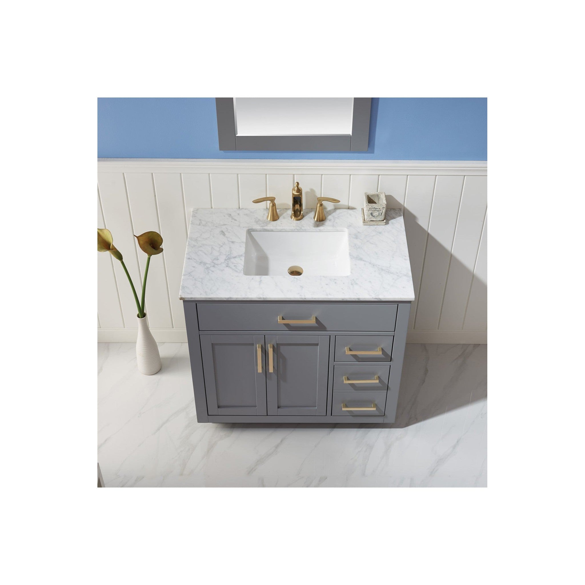 Ivy 36" Single Bathroom Vanity Set in Gray and Carrara White Marble Countertop with Mirror