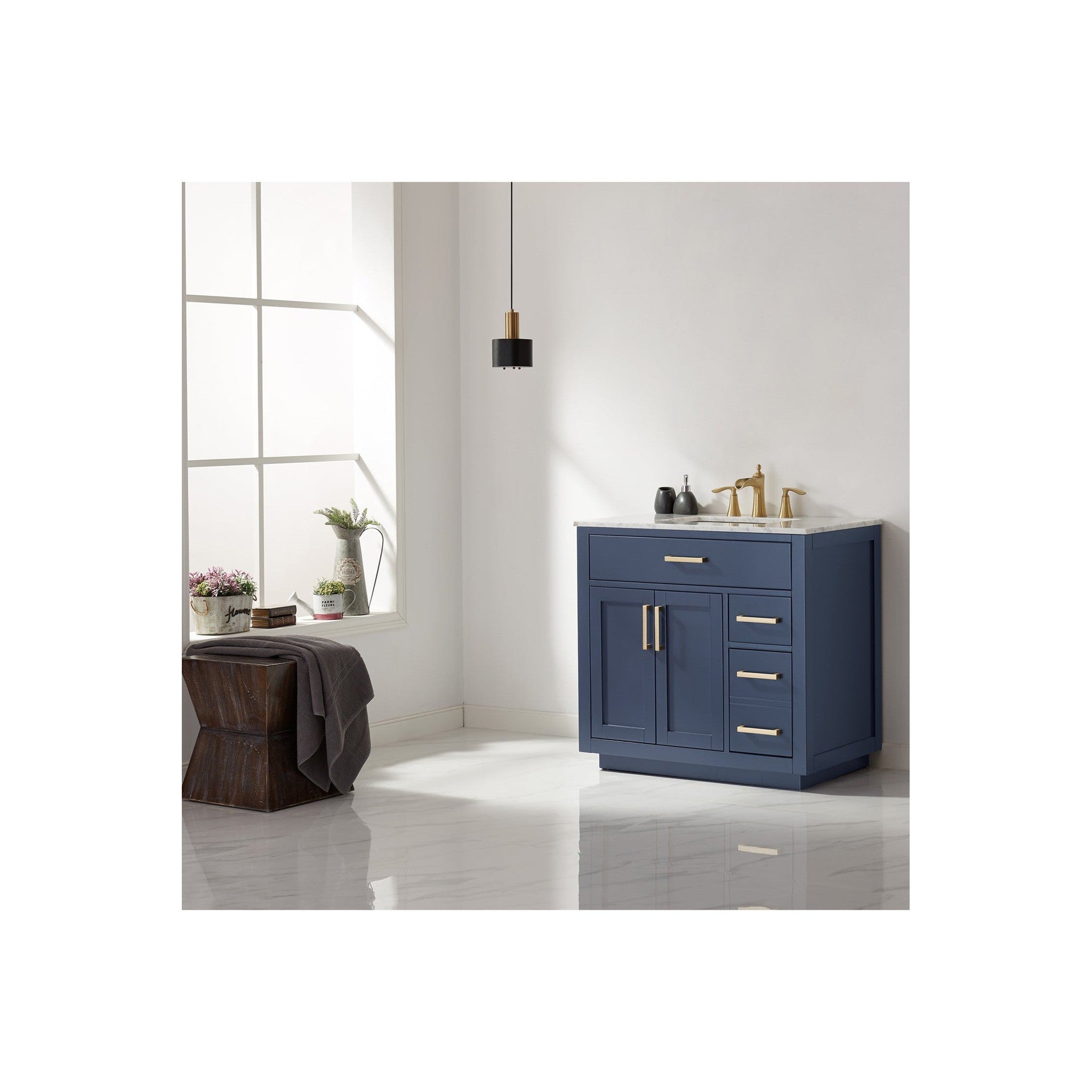 Ivy 36" Single Bathroom Vanity Set in Royal Blue and Carrara White Marble Countertop without Mirror