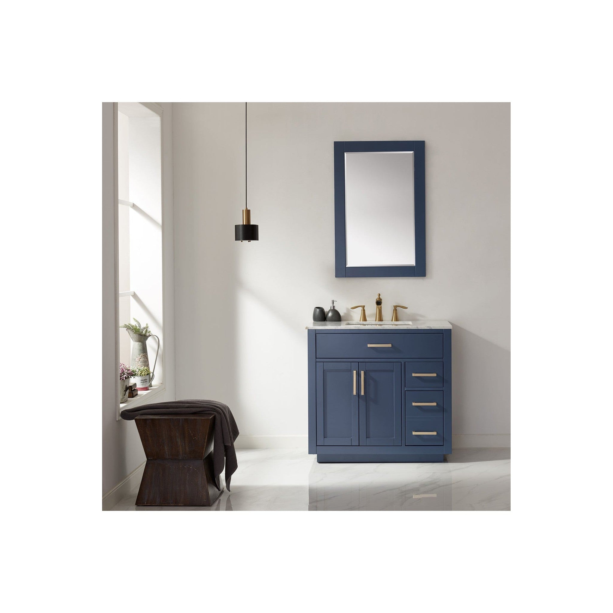 Ivy 36" Single Bathroom Vanity Set in Royal Blue and Carrara White Marble Countertop with Mirror