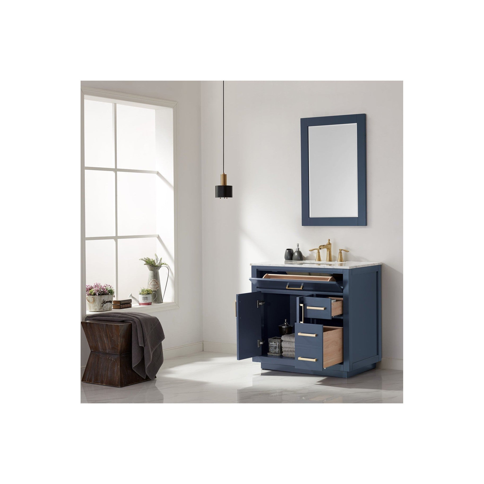 Ivy 36" Single Bathroom Vanity Set in Royal Blue and Carrara White Marble Countertop with Mirror