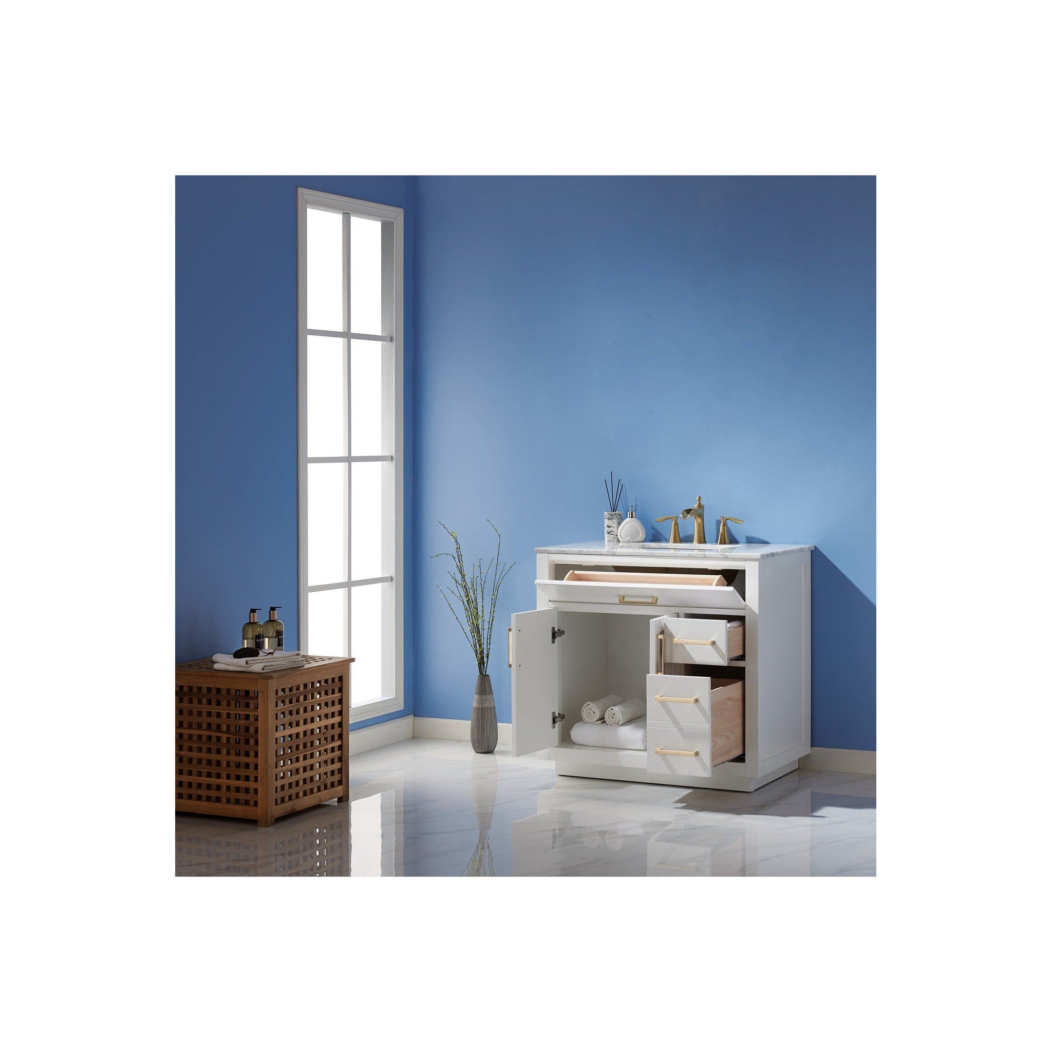 Ivy 36" Single Bathroom Vanity Set in White and Carrara White Marble Countertop without Mirror