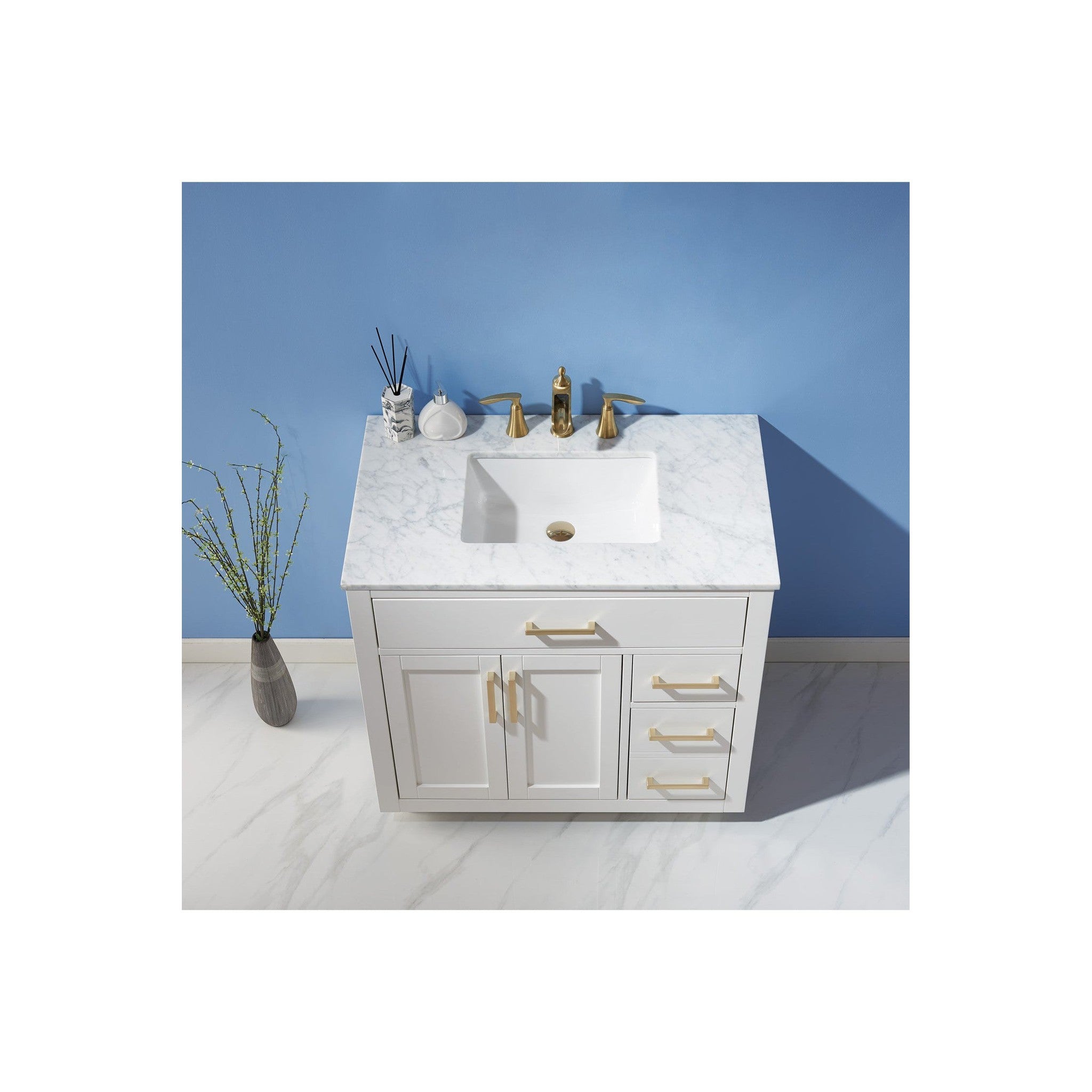 Ivy 36" Single Bathroom Vanity Set in White and Carrara White Marble Countertop without Mirror