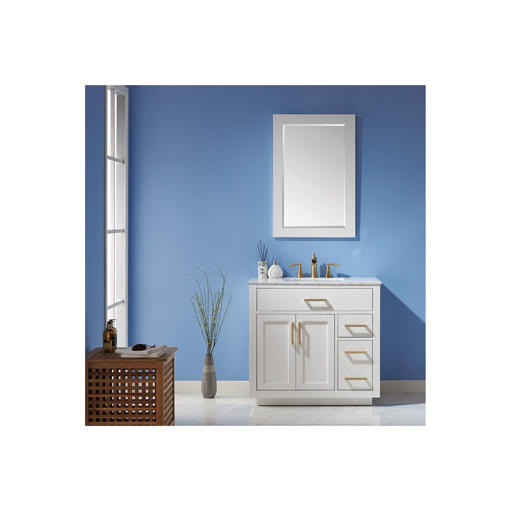 Ivy 36" Single Bathroom Vanity Set in White and Carrara White Marble Countertop with Mirror