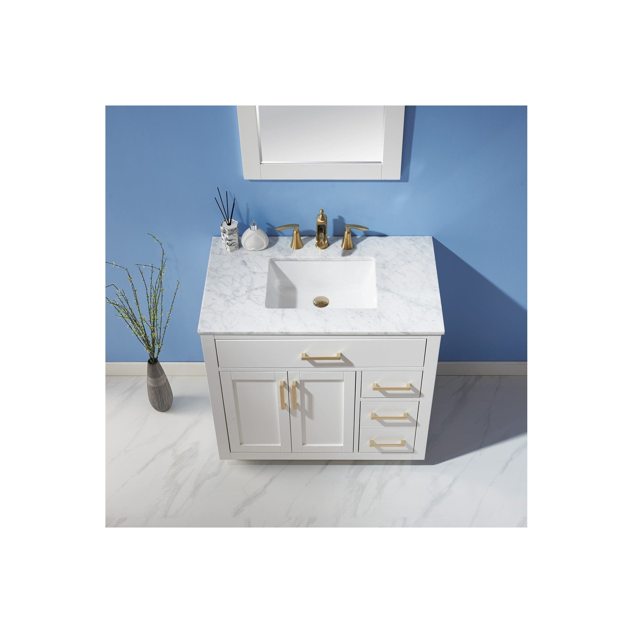 Ivy 36" Single Bathroom Vanity Set in White and Carrara White Marble Countertop with Mirror