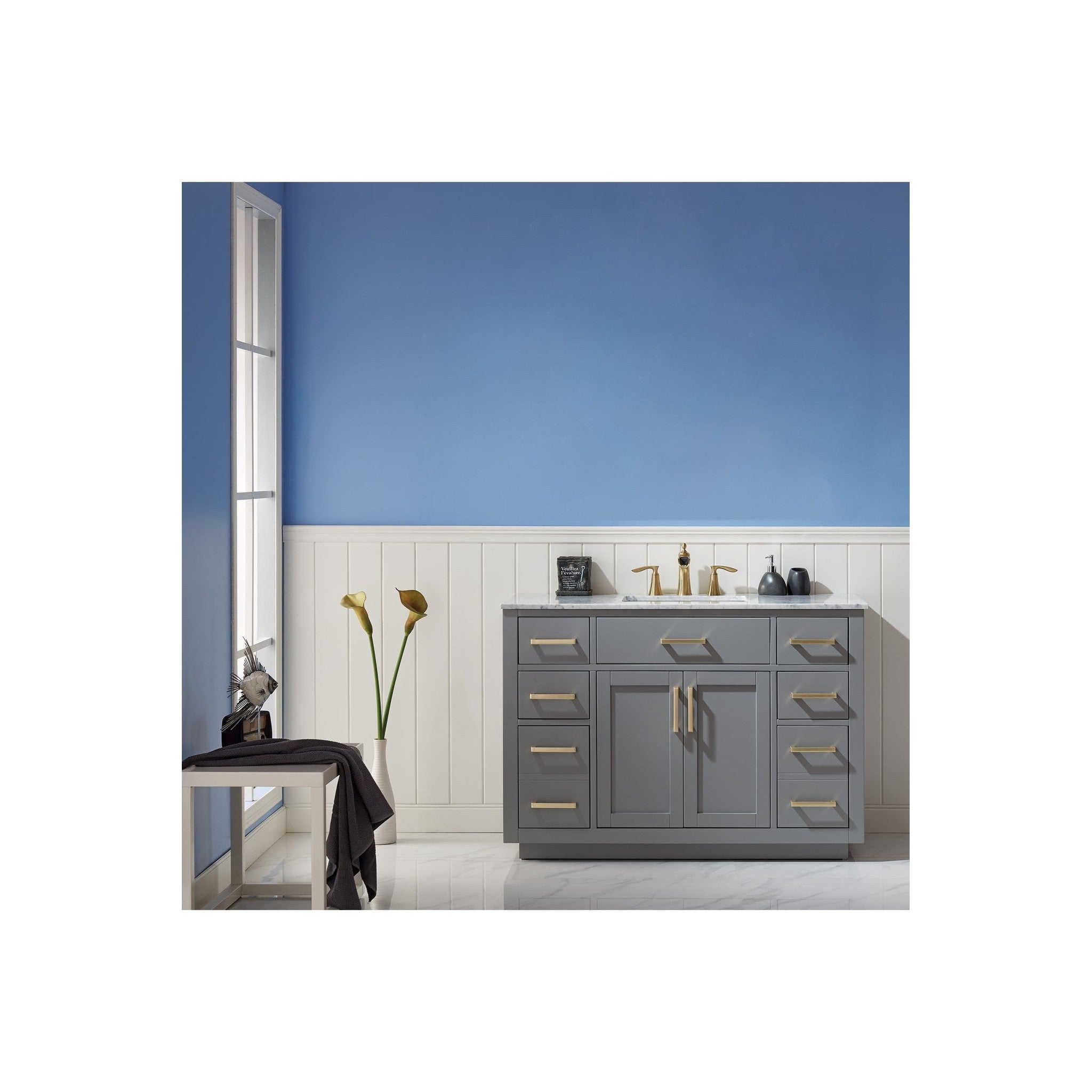 Ivy 48" Single Bathroom Vanity Set in Gray and Carrara White Marble Countertop without Mirror