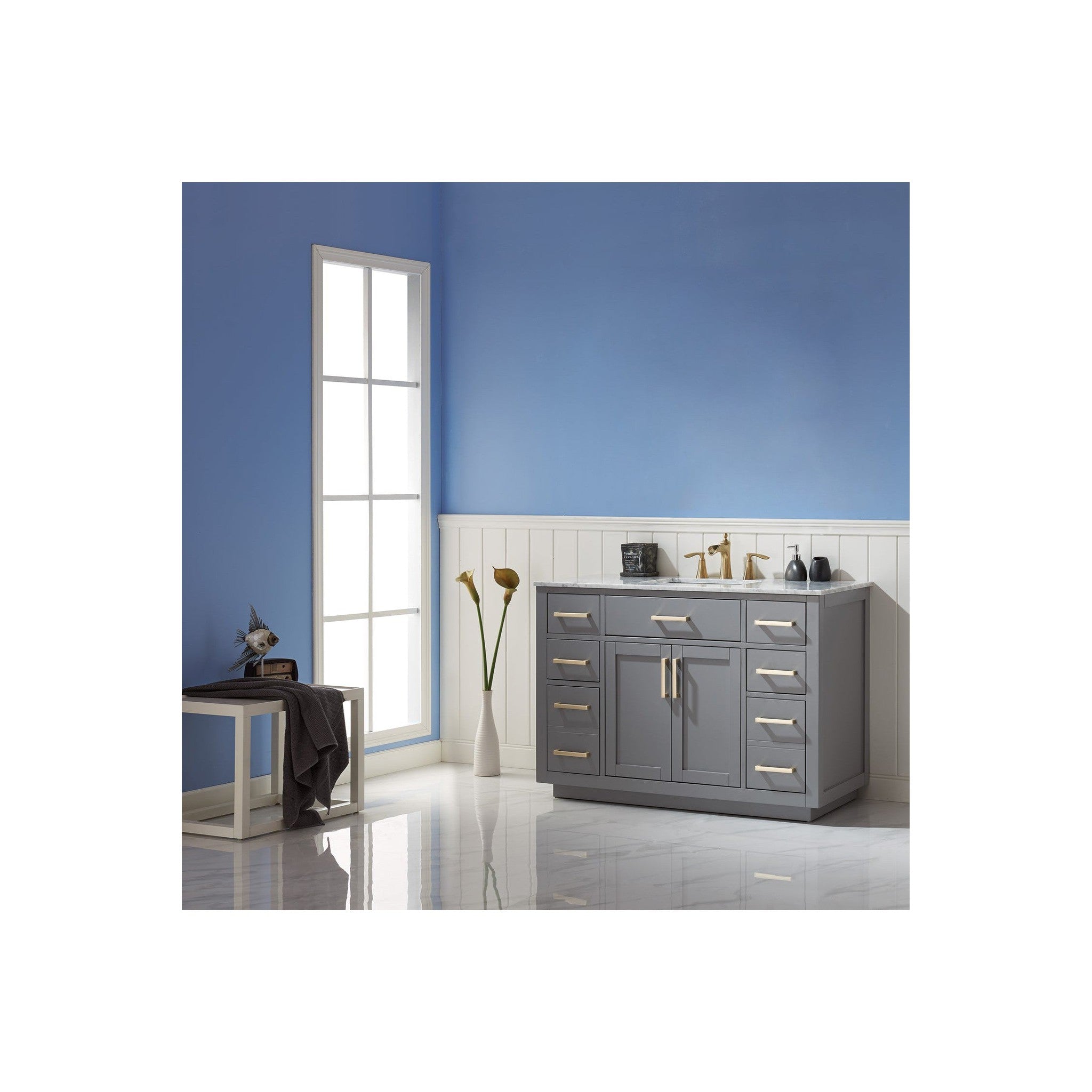 Ivy 48" Single Bathroom Vanity Set in Gray and Carrara White Marble Countertop without Mirror