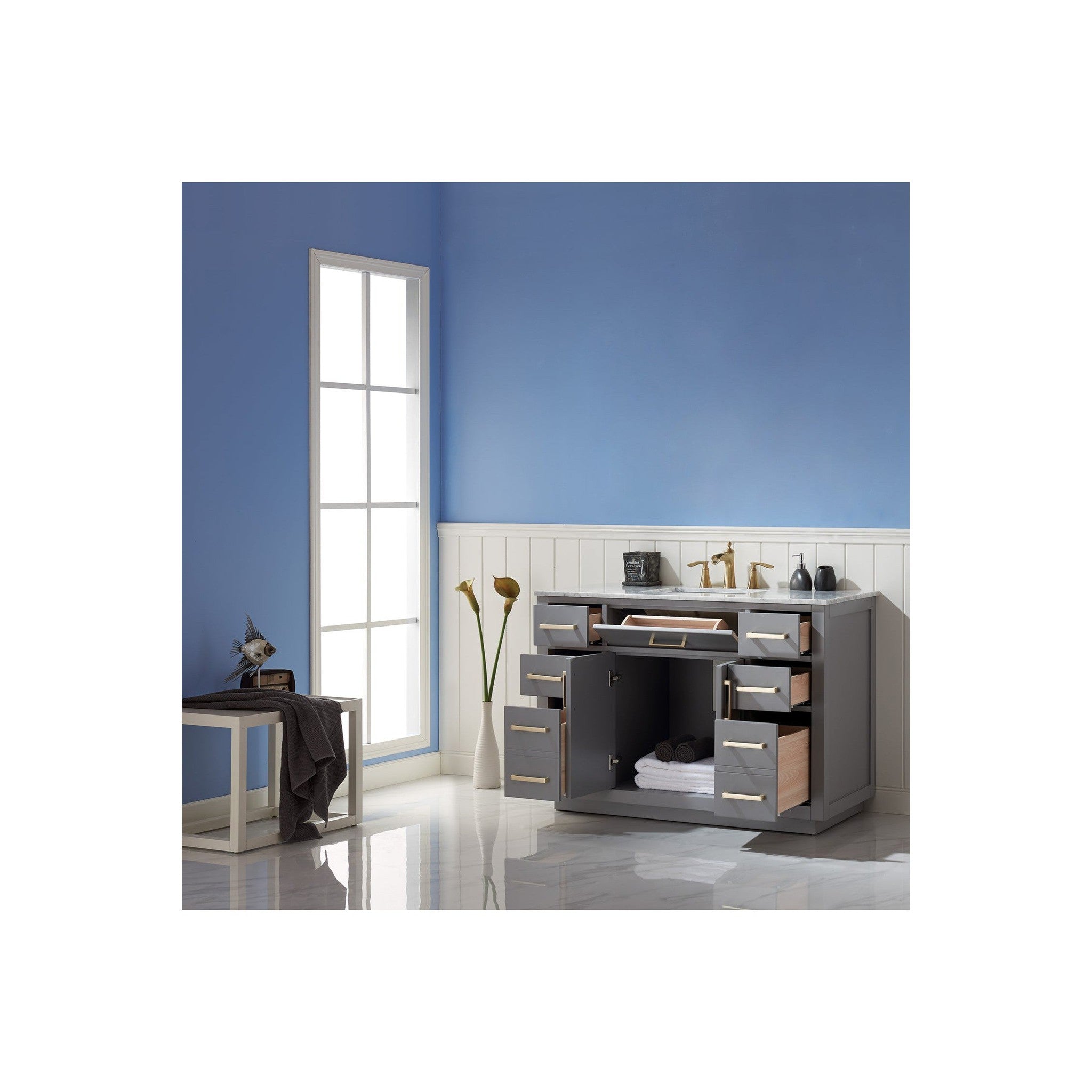 Ivy 48" Single Bathroom Vanity Set in Gray and Carrara White Marble Countertop without Mirror