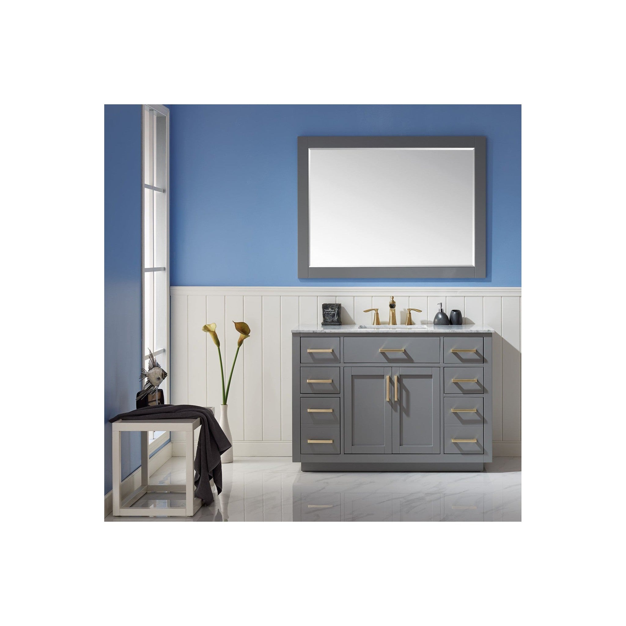 Ivy 48" Single Bathroom Vanity Set in Gray and Carrara White Marble Countertop with Mirror