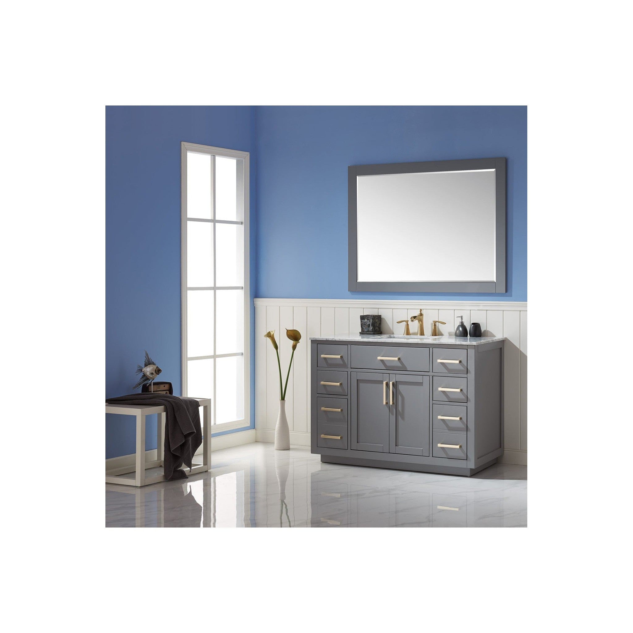 Ivy 48" Single Bathroom Vanity Set in Gray and Carrara White Marble Countertop with Mirror