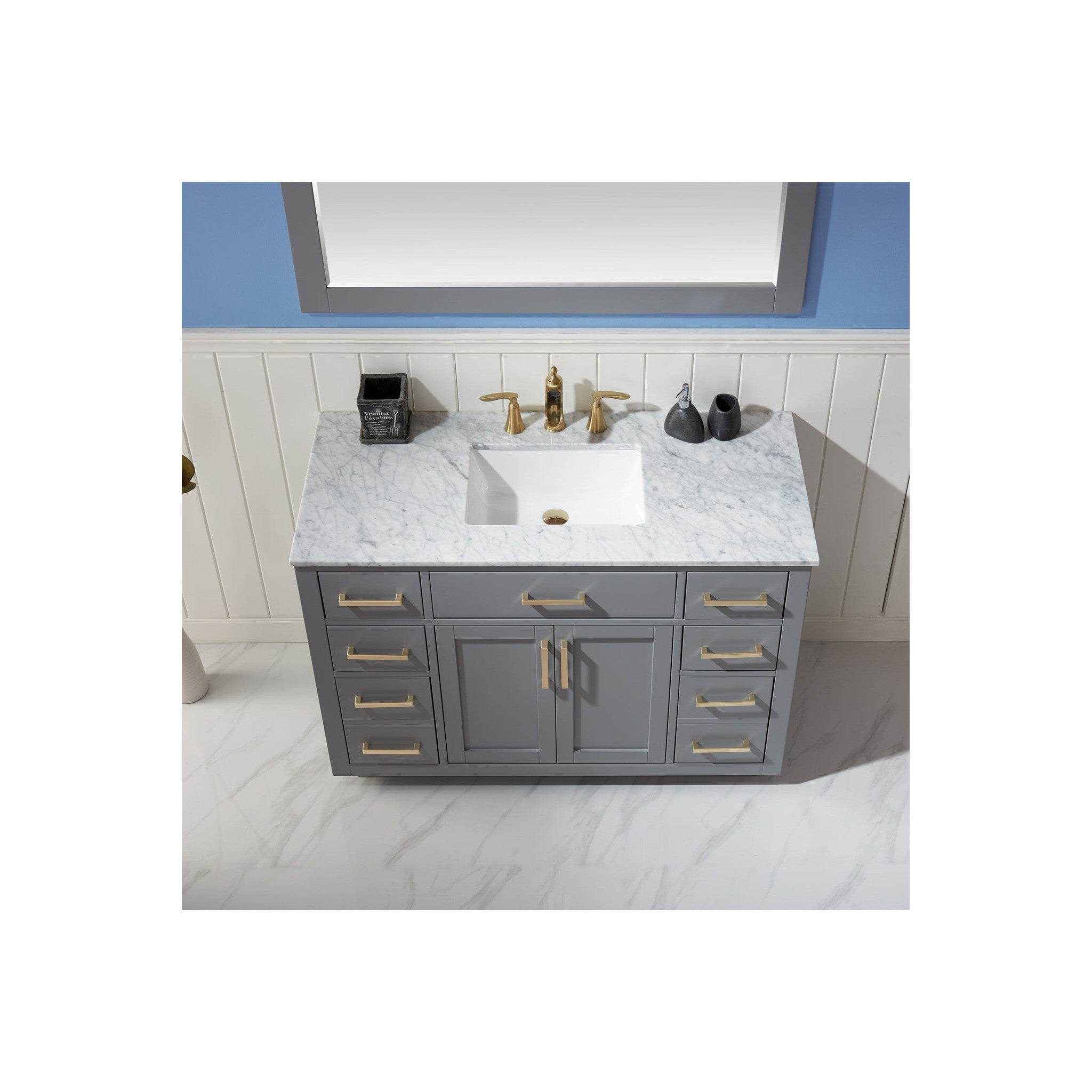 Ivy 48" Single Bathroom Vanity Set in Gray and Carrara White Marble Countertop with Mirror