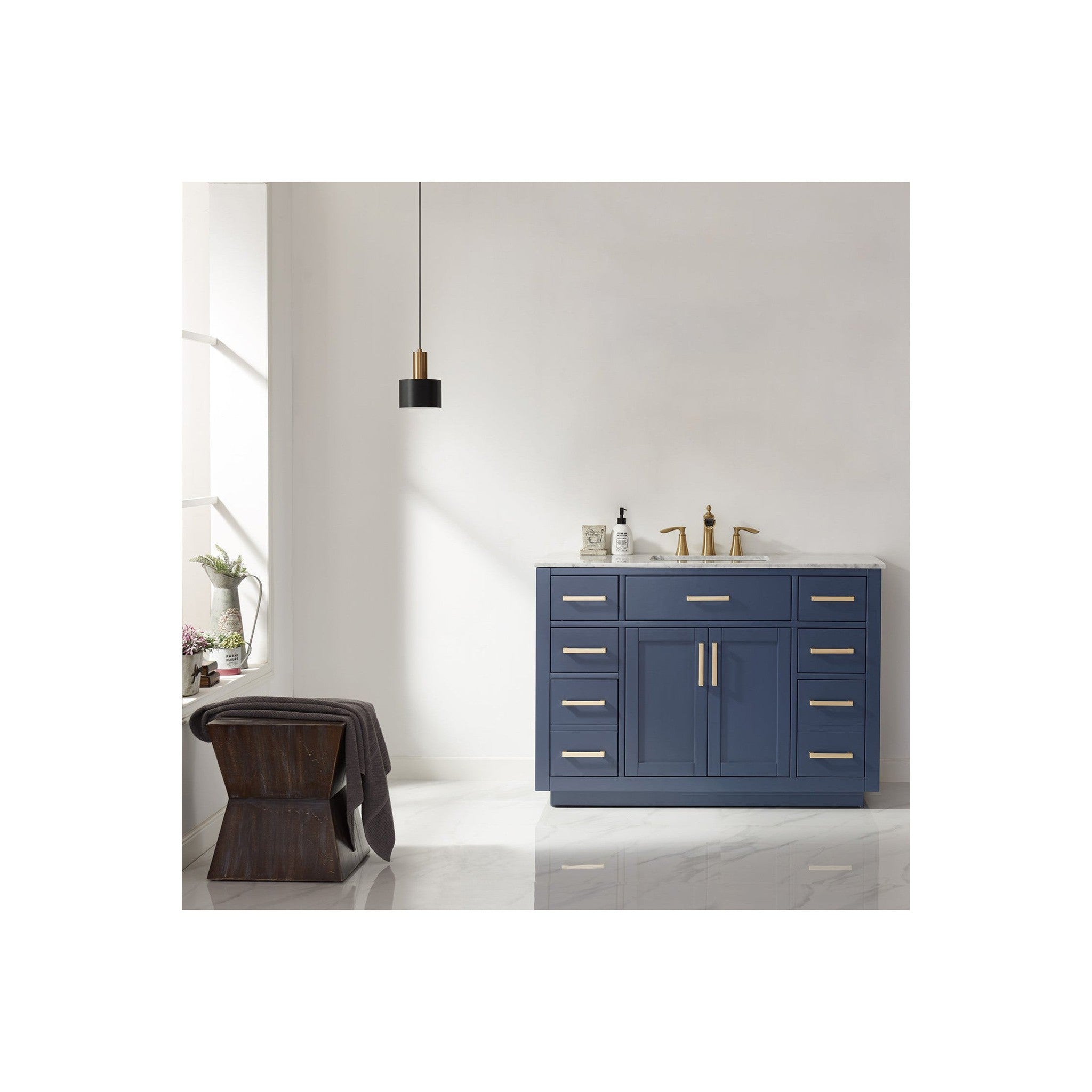 Ivy 48" Single Bathroom Vanity Set in Royal Blue and Carrara White Marble Countertop without Mirror