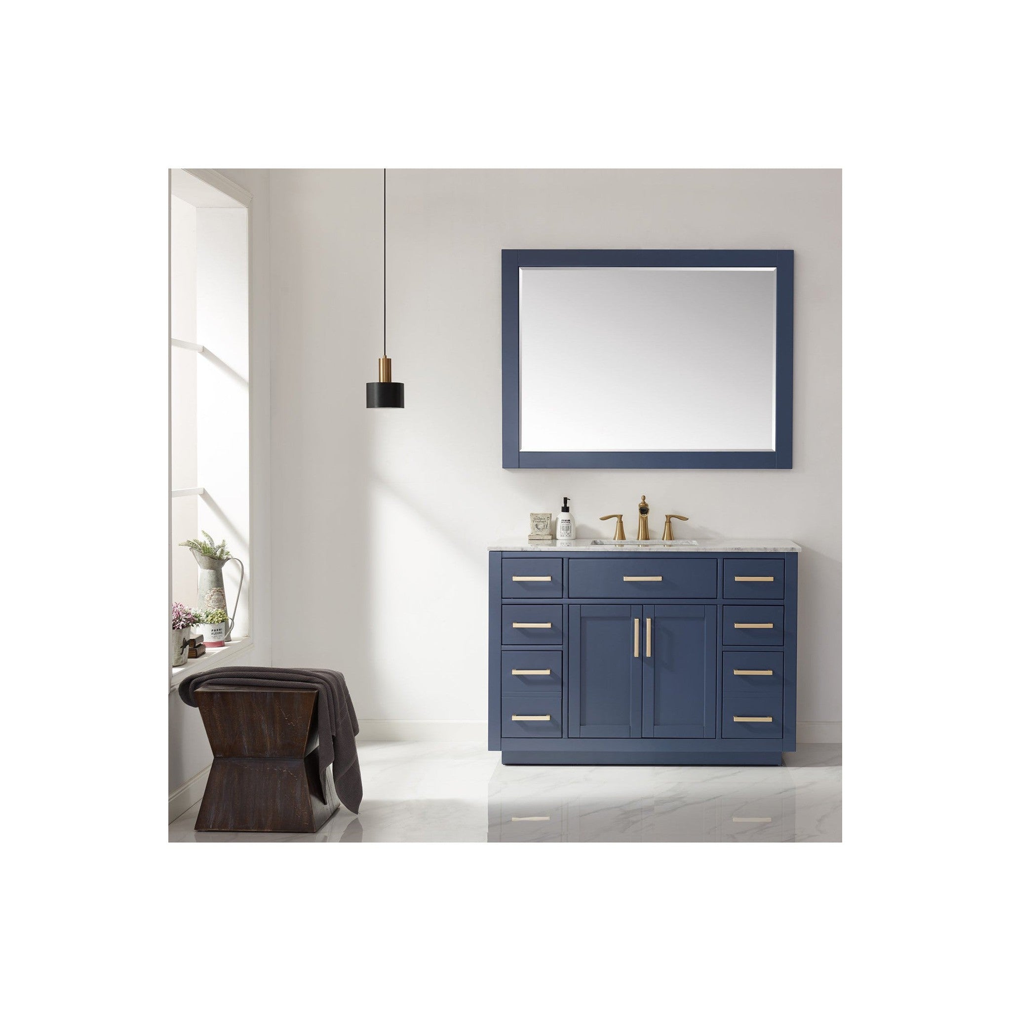 Ivy 48" Single Bathroom Vanity Set in Royal Blue and Carrara White Marble Countertop with Mirror