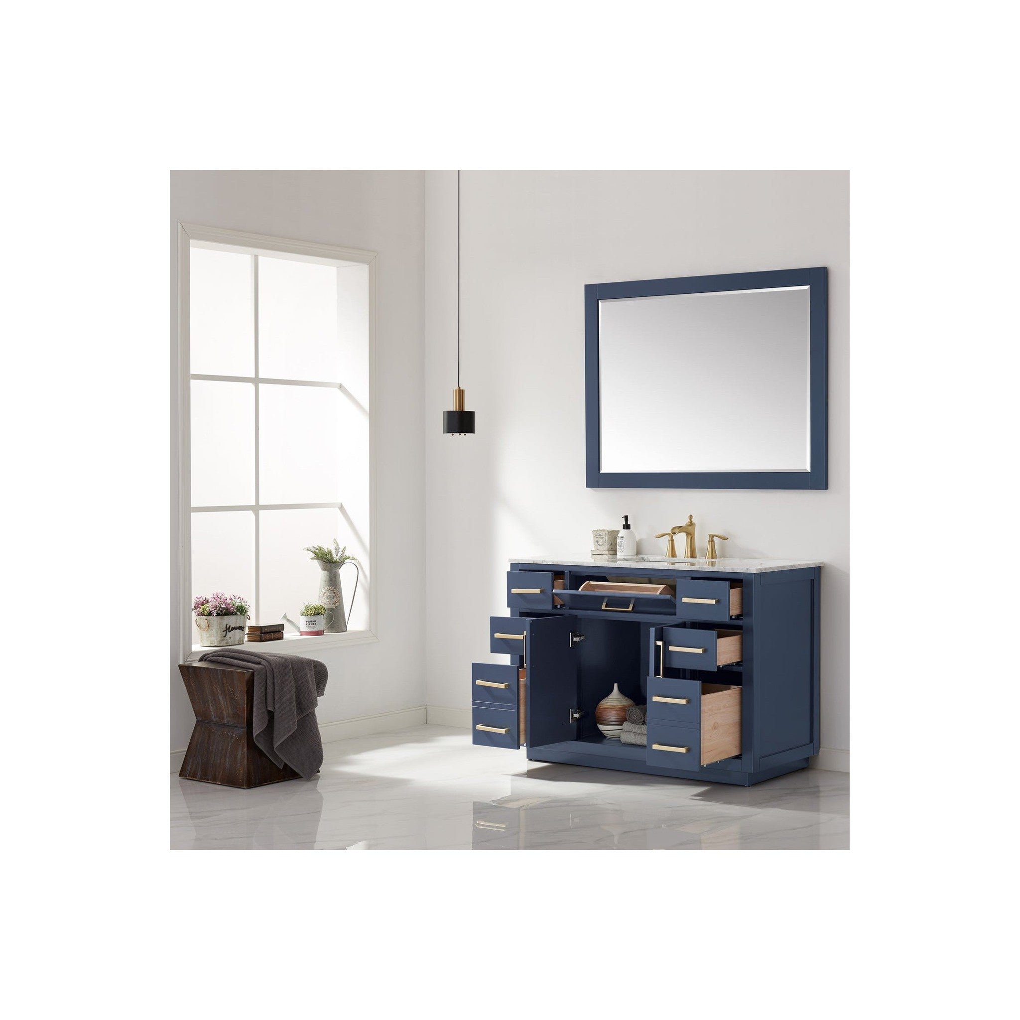 Ivy 48" Single Bathroom Vanity Set in Royal Blue and Carrara White Marble Countertop with Mirror