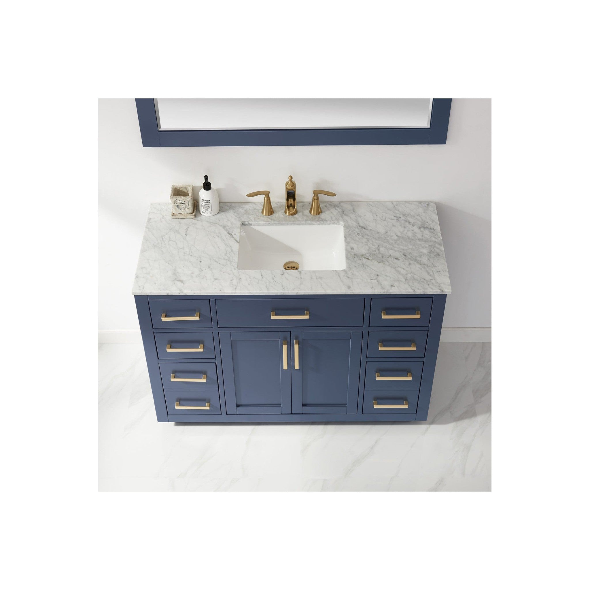 Ivy 48" Single Bathroom Vanity Set in Royal Blue and Carrara White Marble Countertop with Mirror