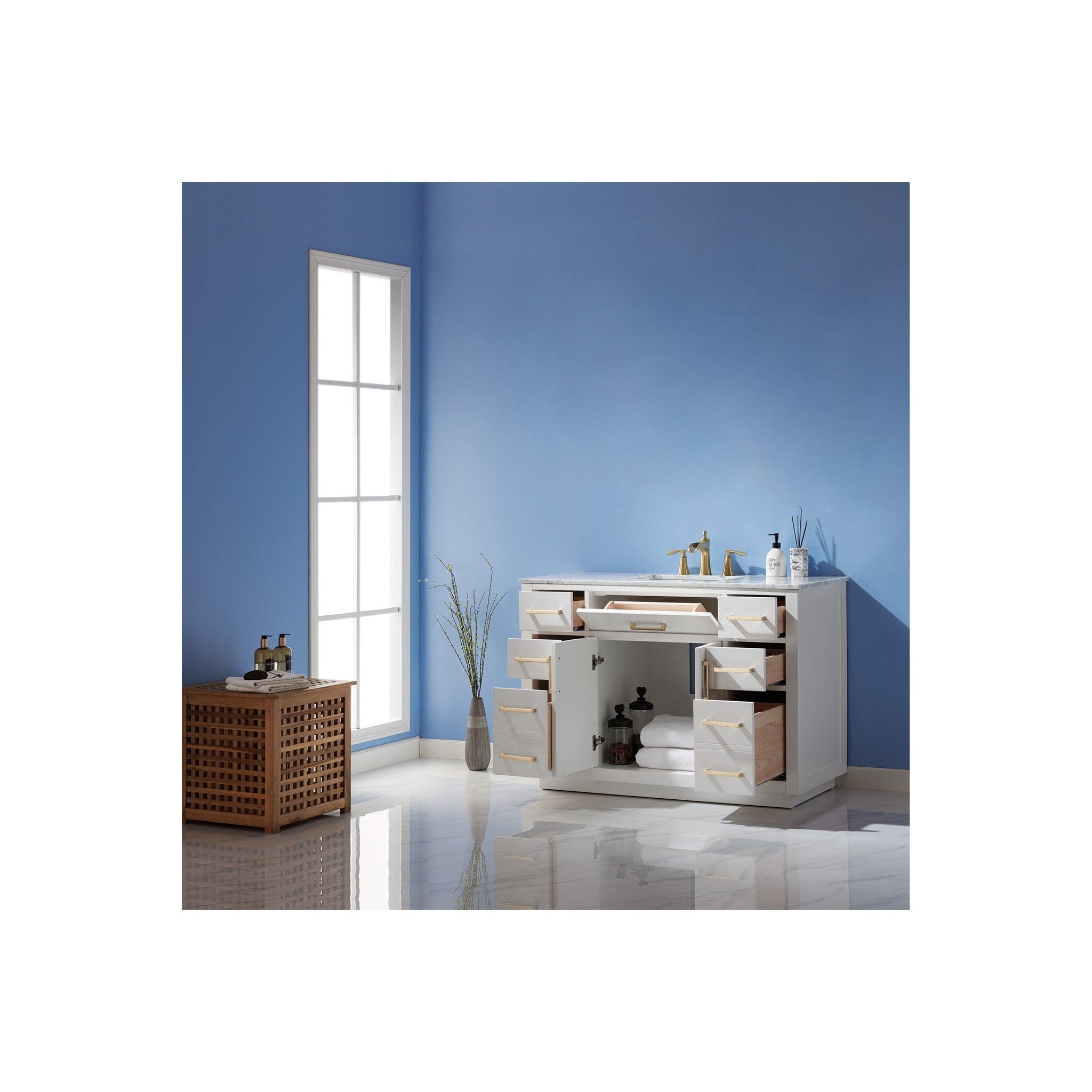 Ivy 48" Single Bathroom Vanity Set in White and Carrara White Marble Countertop without Mirror