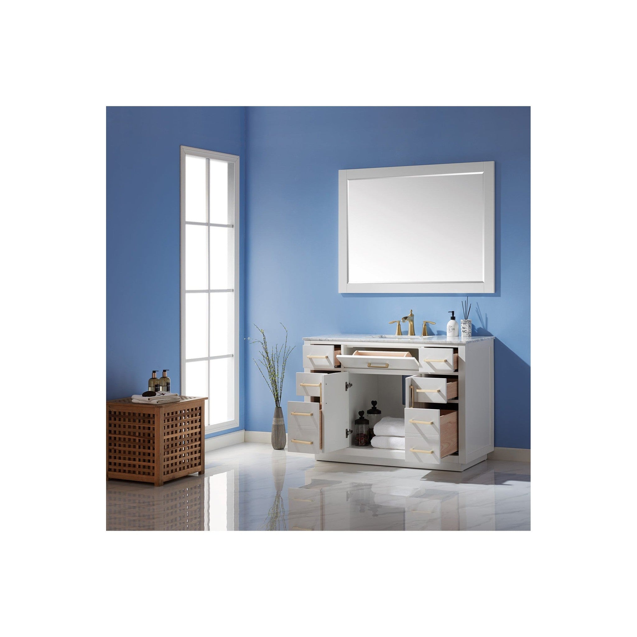 Ivy 48" Single Bathroom Vanity Set in White and Carrara White Marble Countertop with Mirror