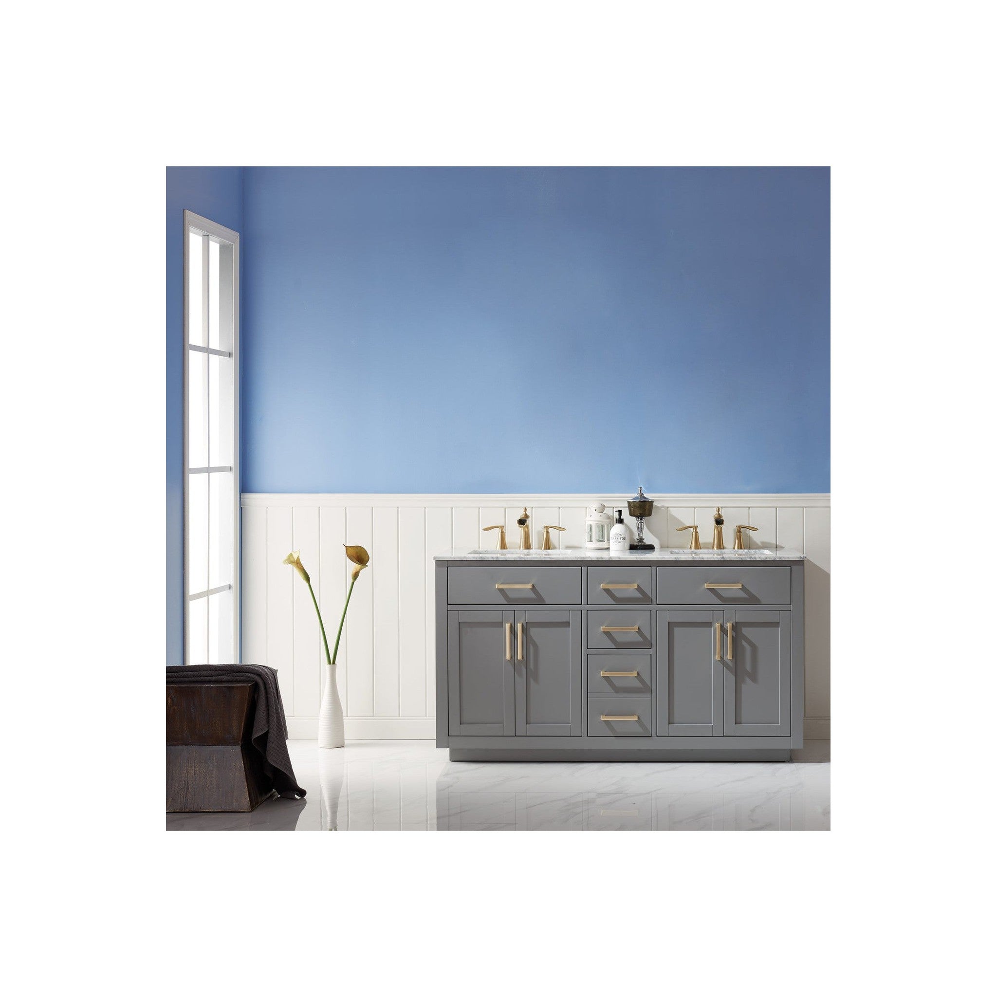 Ivy 60" Double Bathroom Vanity Set in Gray and Carrara White Marble Countertop without Mirror