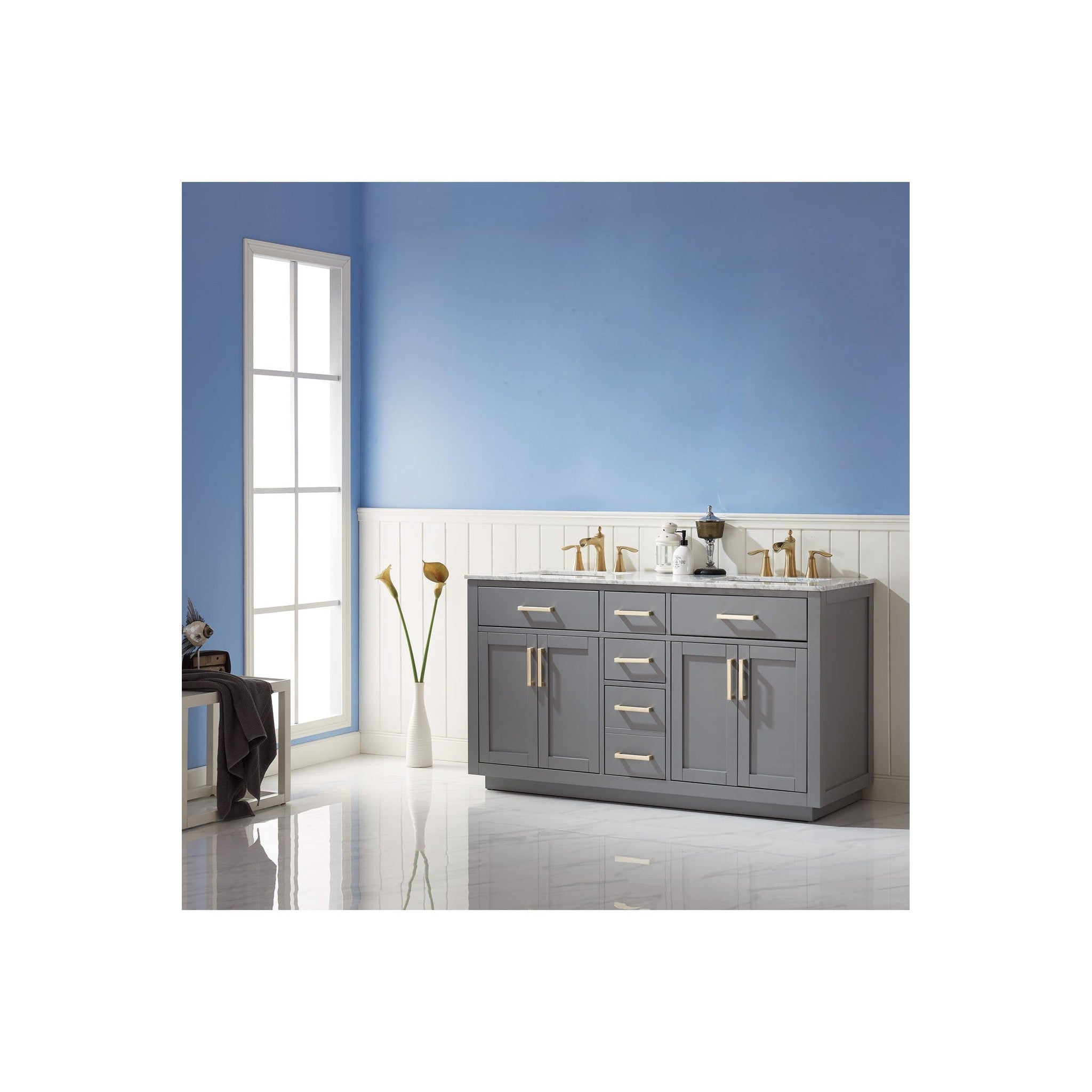 Ivy 60" Double Bathroom Vanity Set in Gray and Carrara White Marble Countertop without Mirror