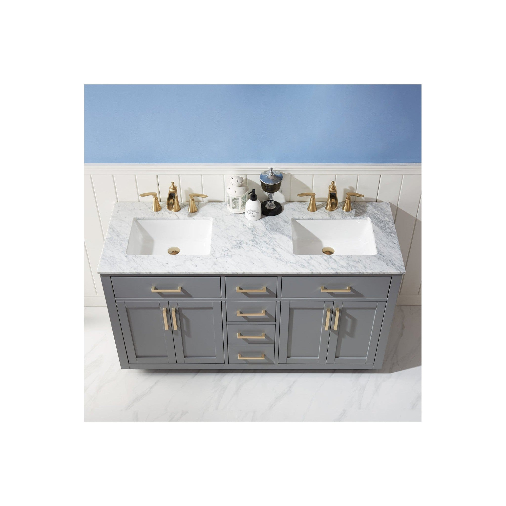 Ivy 60" Double Bathroom Vanity Set in Gray and Carrara White Marble Countertop without Mirror