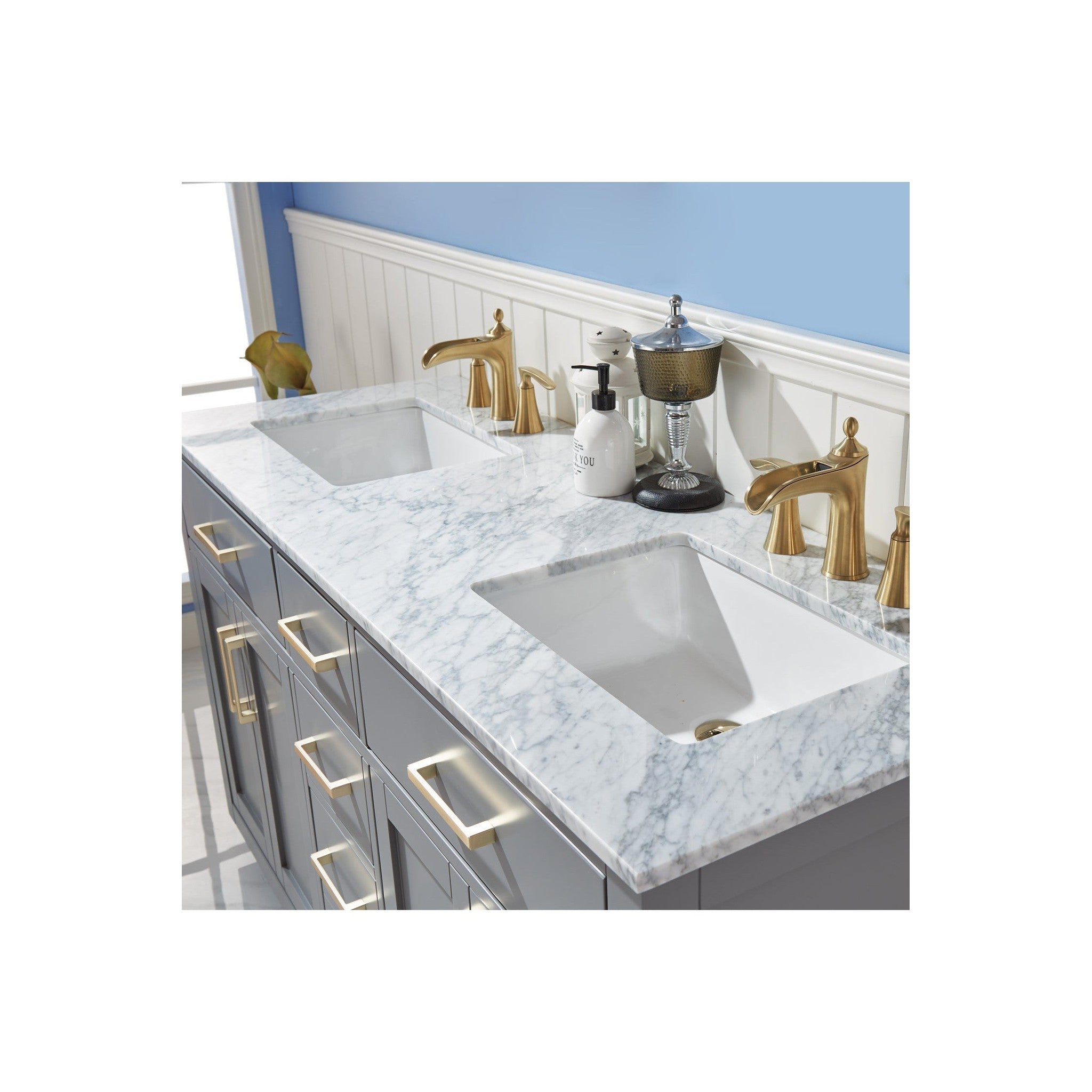 Ivy 60" Double Bathroom Vanity Set in Gray and Carrara White Marble Countertop without Mirror