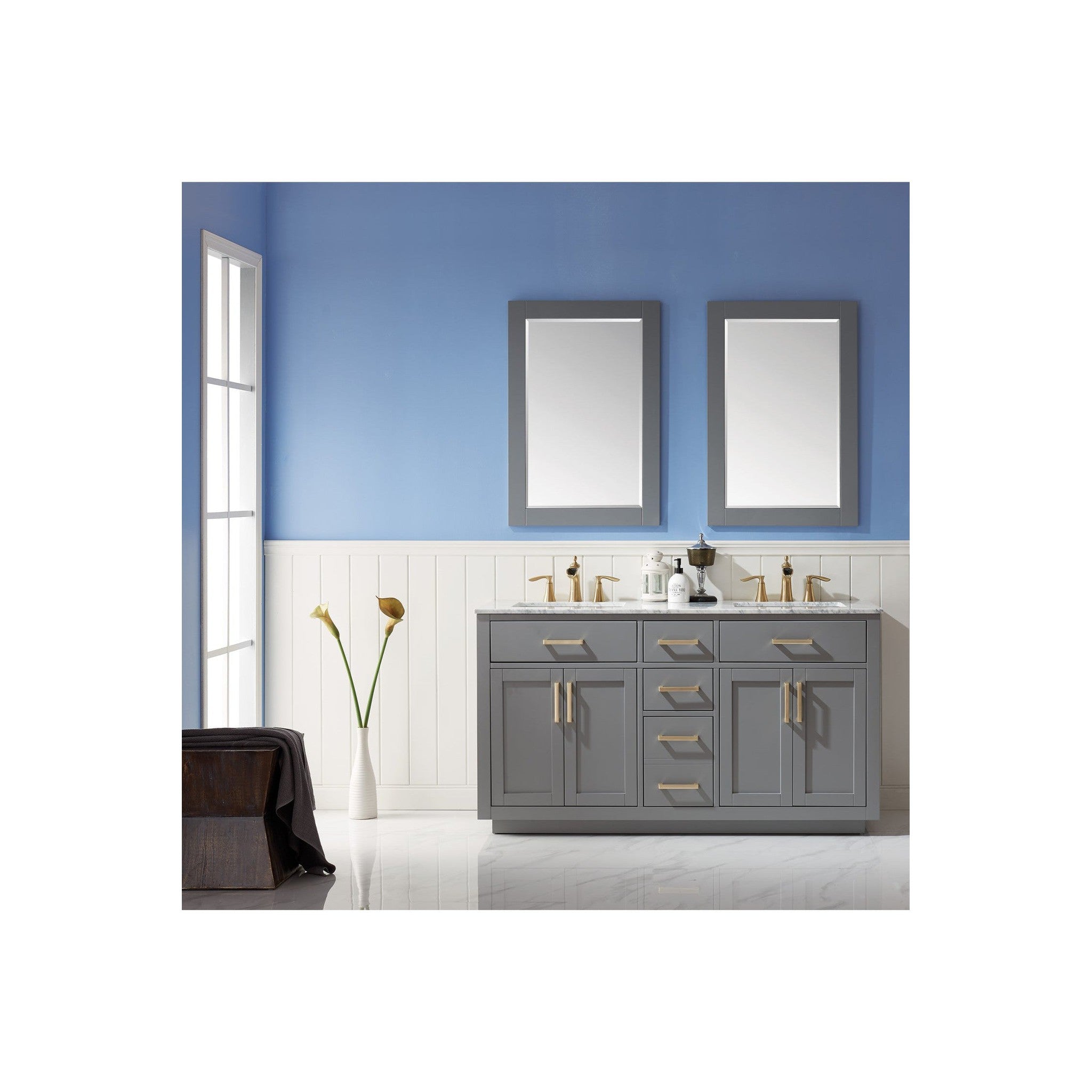 Ivy 60" Double Bathroom Vanity Set in Gray and Carrara White Marble Countertop with Mirror