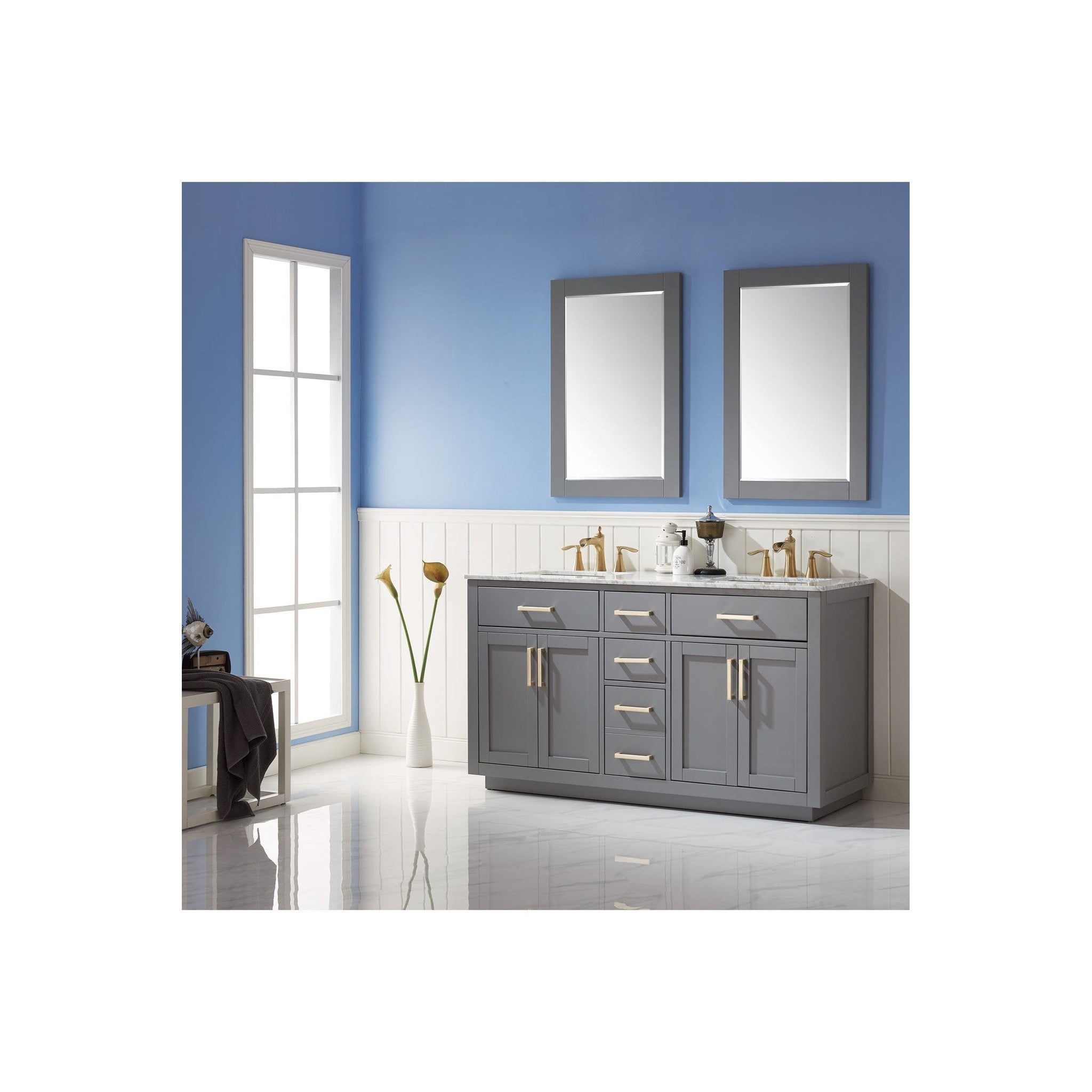 Ivy 60" Double Bathroom Vanity Set in Gray and Carrara White Marble Countertop with Mirror