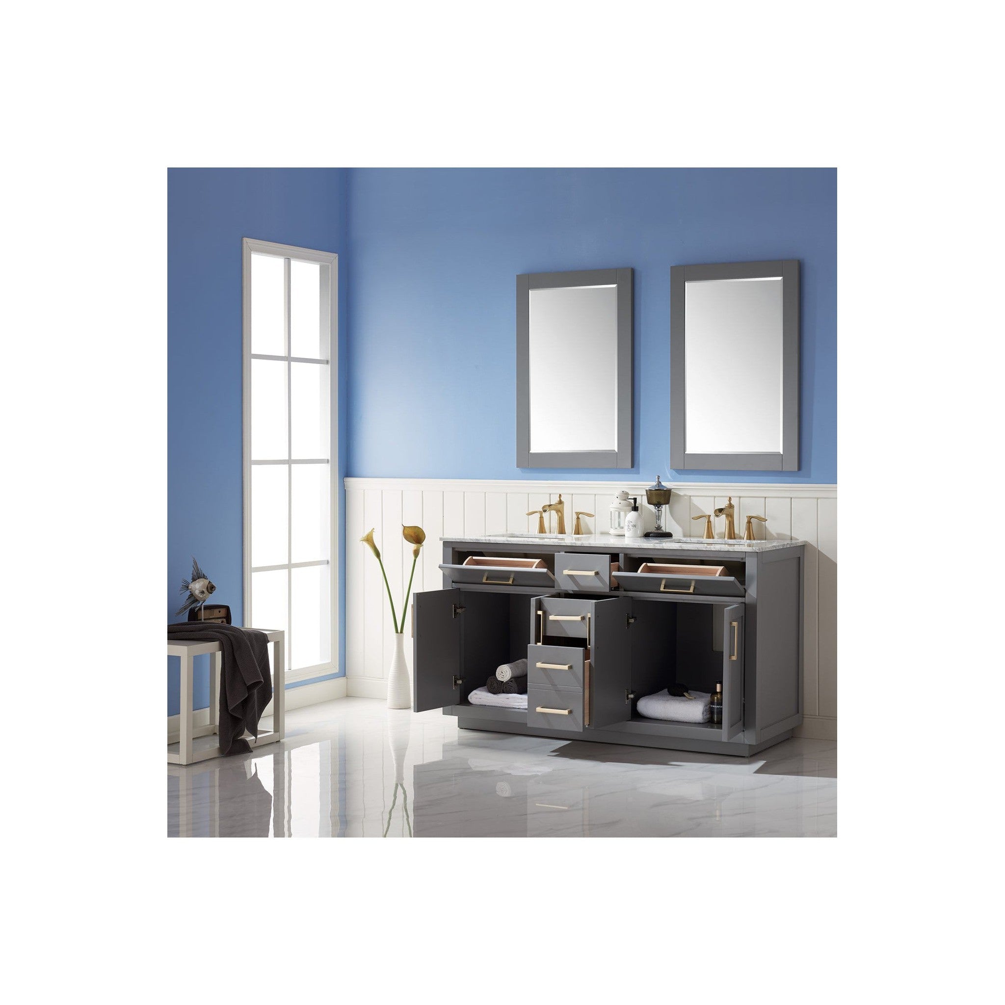 Ivy 60" Double Bathroom Vanity Set in Gray and Carrara White Marble Countertop with Mirror