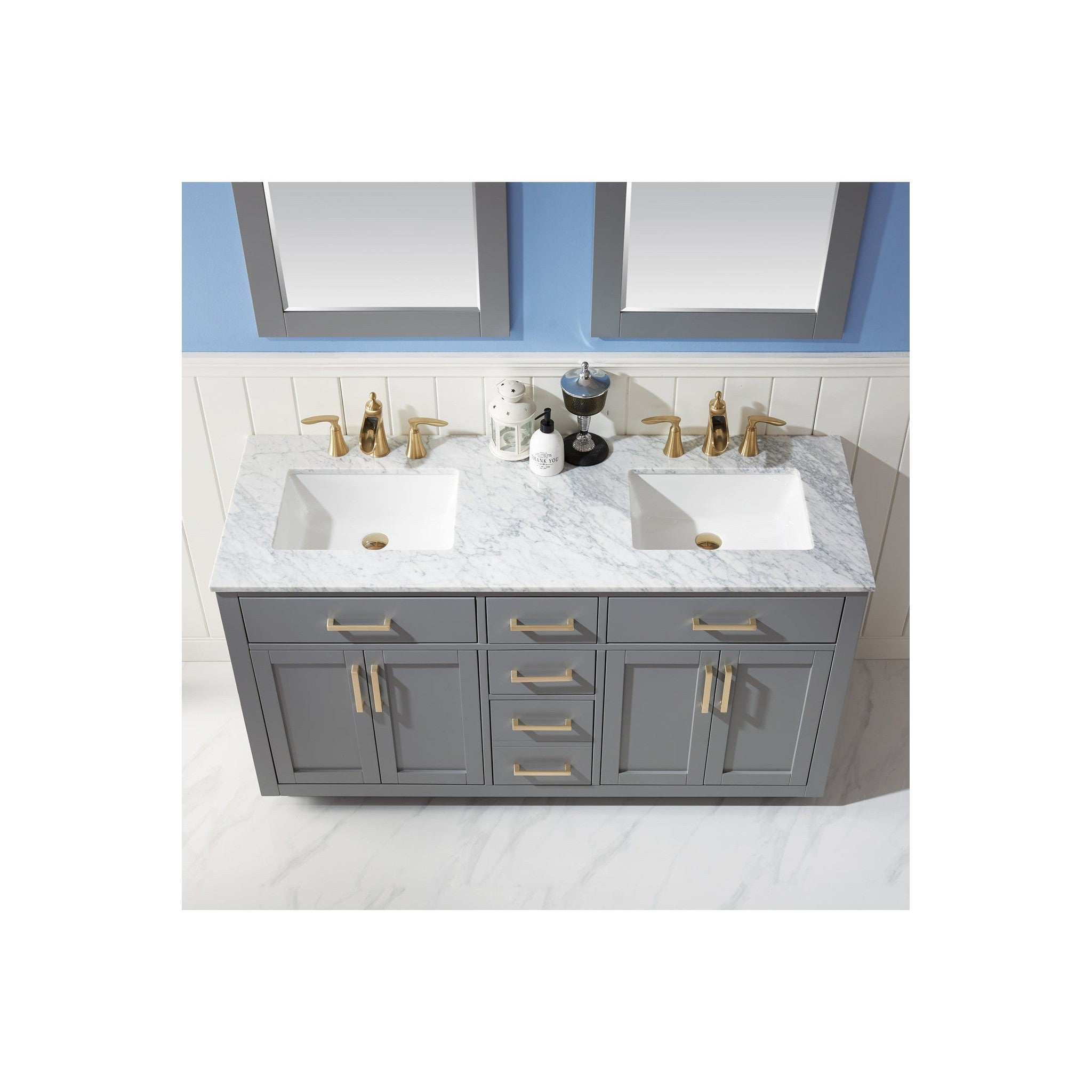 Ivy 60" Double Bathroom Vanity Set in Gray and Carrara White Marble Countertop with Mirror