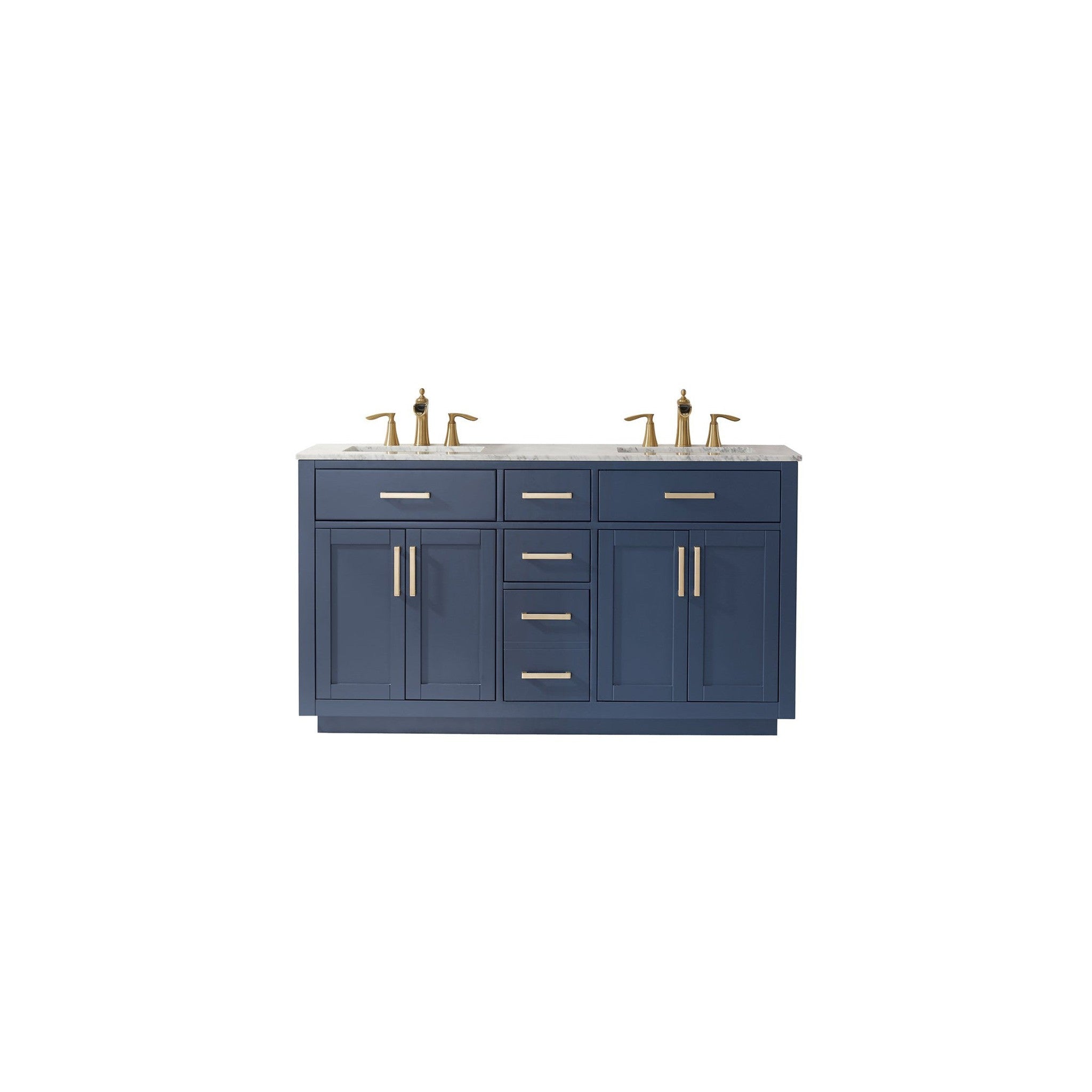 Ivy 60" Double Bathroom Vanity Set in Royal Blue and Carrara White Marble Countertop without Mirror