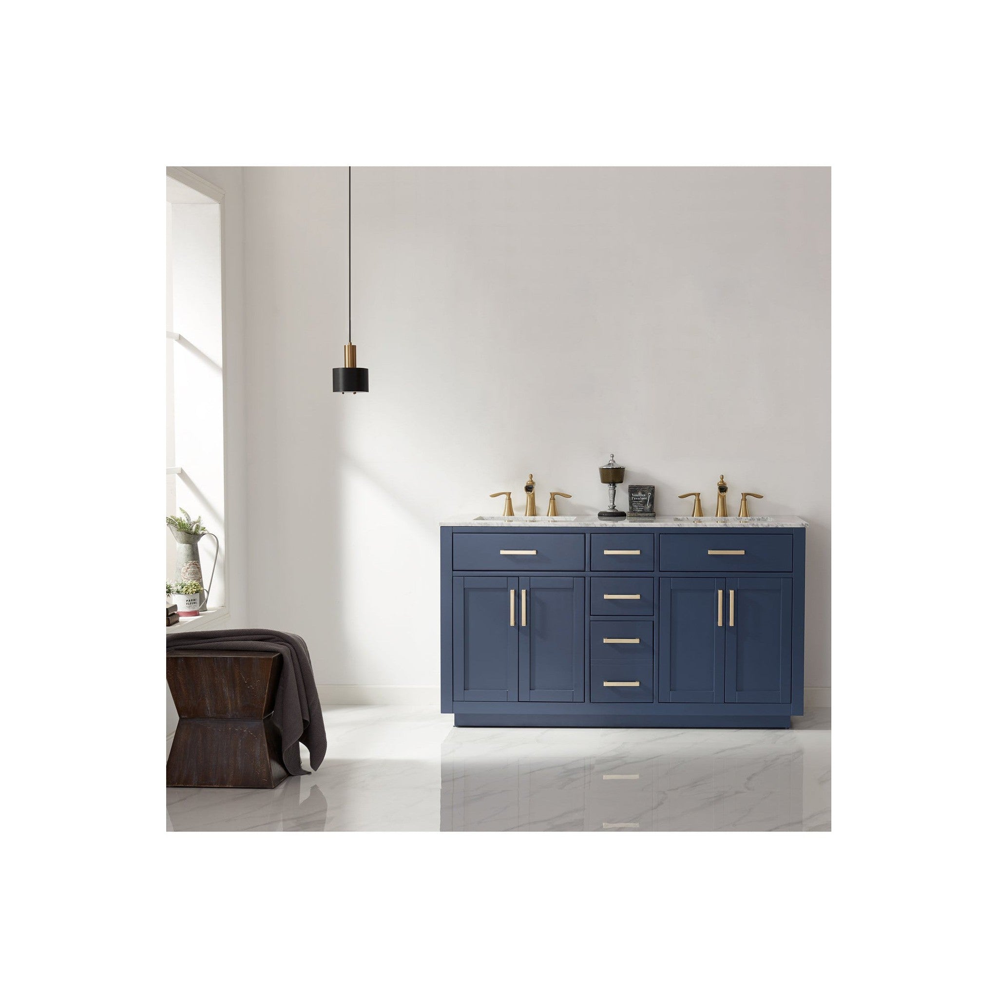 Ivy 60" Double Bathroom Vanity Set in Royal Blue and Carrara White Marble Countertop without Mirror