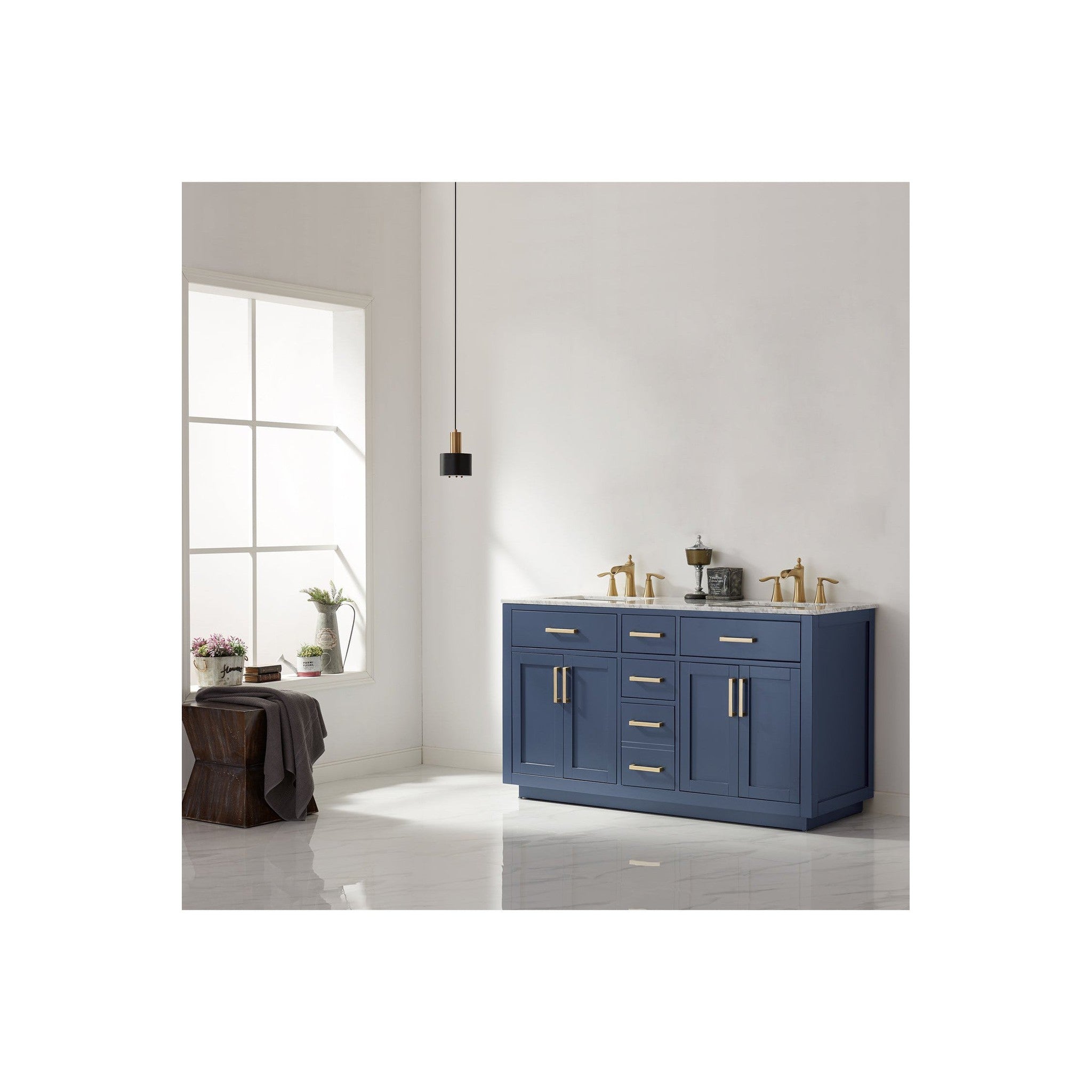 Ivy 60" Double Bathroom Vanity Set in Royal Blue and Carrara White Marble Countertop without Mirror