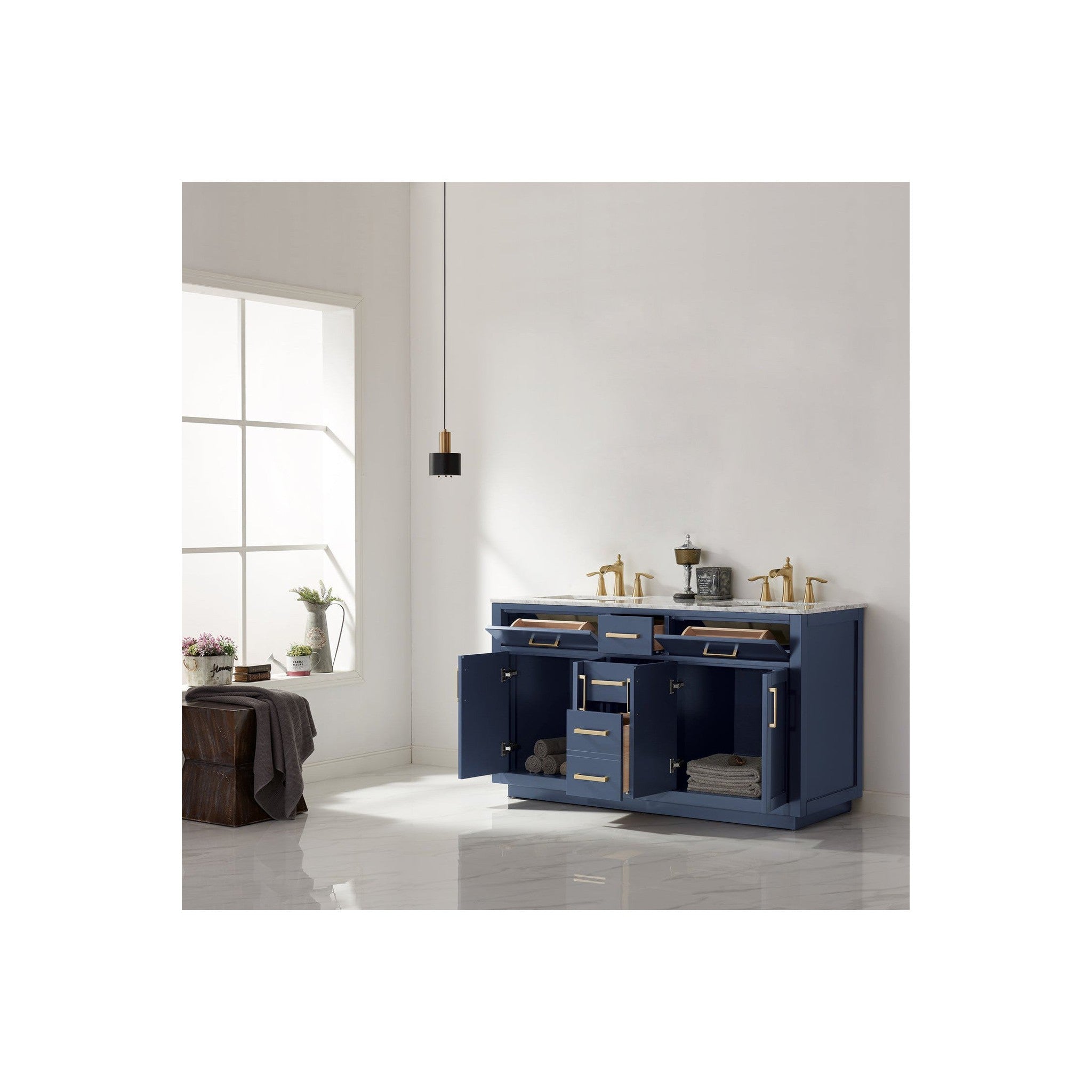 Ivy 60" Double Bathroom Vanity Set in Royal Blue and Carrara White Marble Countertop without Mirror